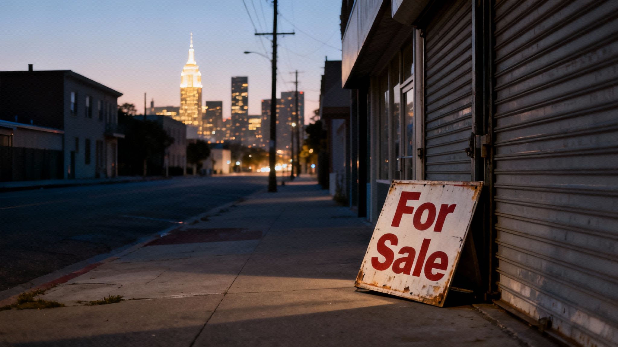 A rusty 'For Sale' sign on a sidewalk in an urban setting at dusk, with a city skyline in the background.