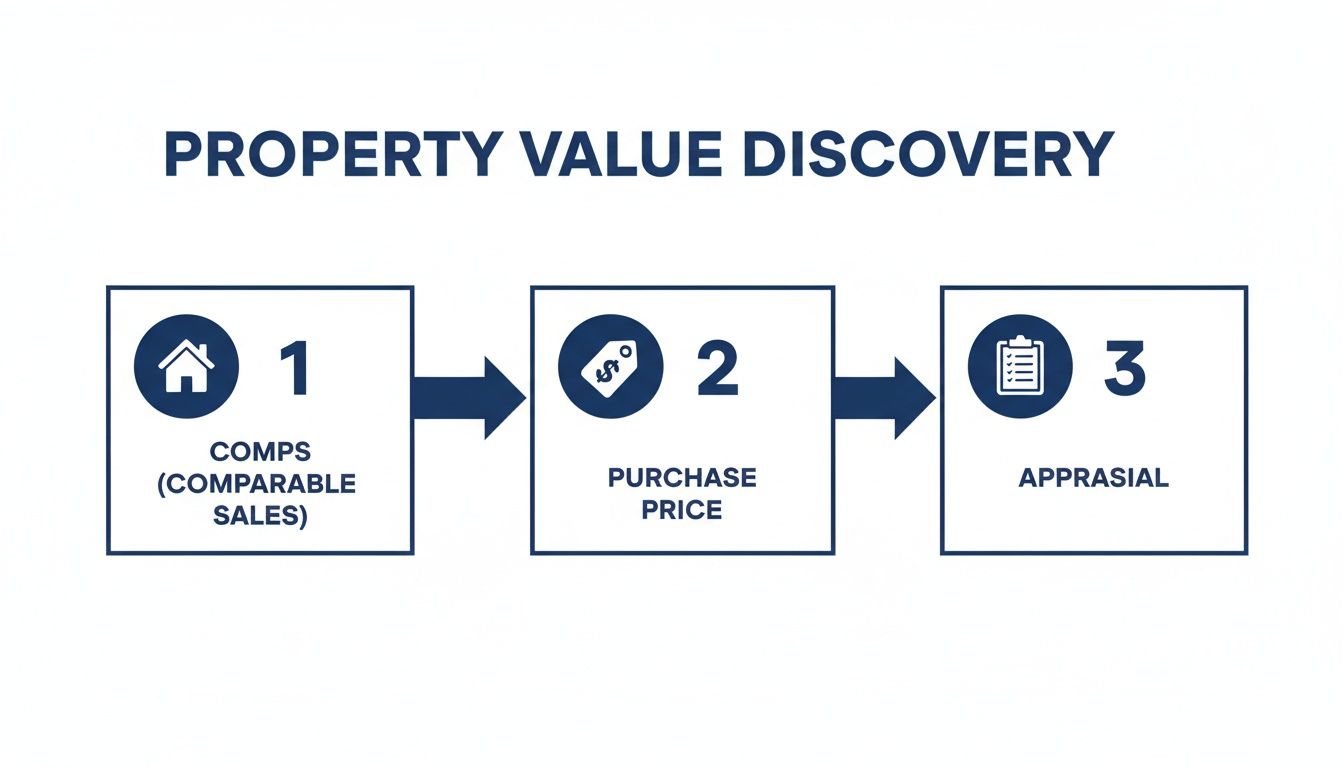 Flowchart illustrating the three-step property value discovery process: comparable sales, purchase price, and appraisal.