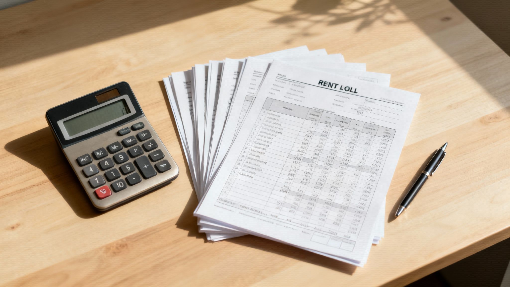 A person reviewing financial documents and charts on a desk with a calculator and laptop.