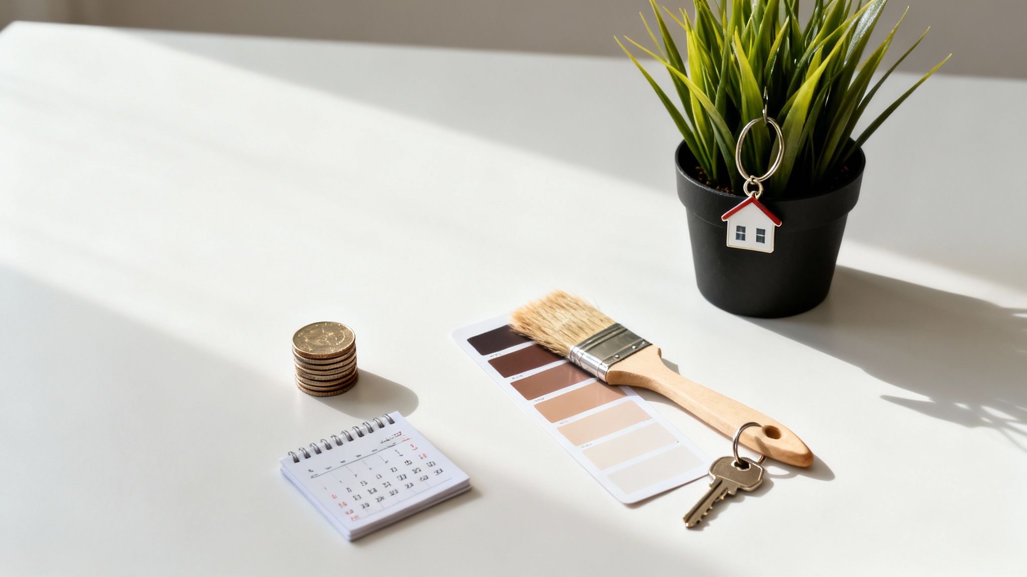 Items for home ownership and renovation, including coins, calendar, paint brush, and a house key.