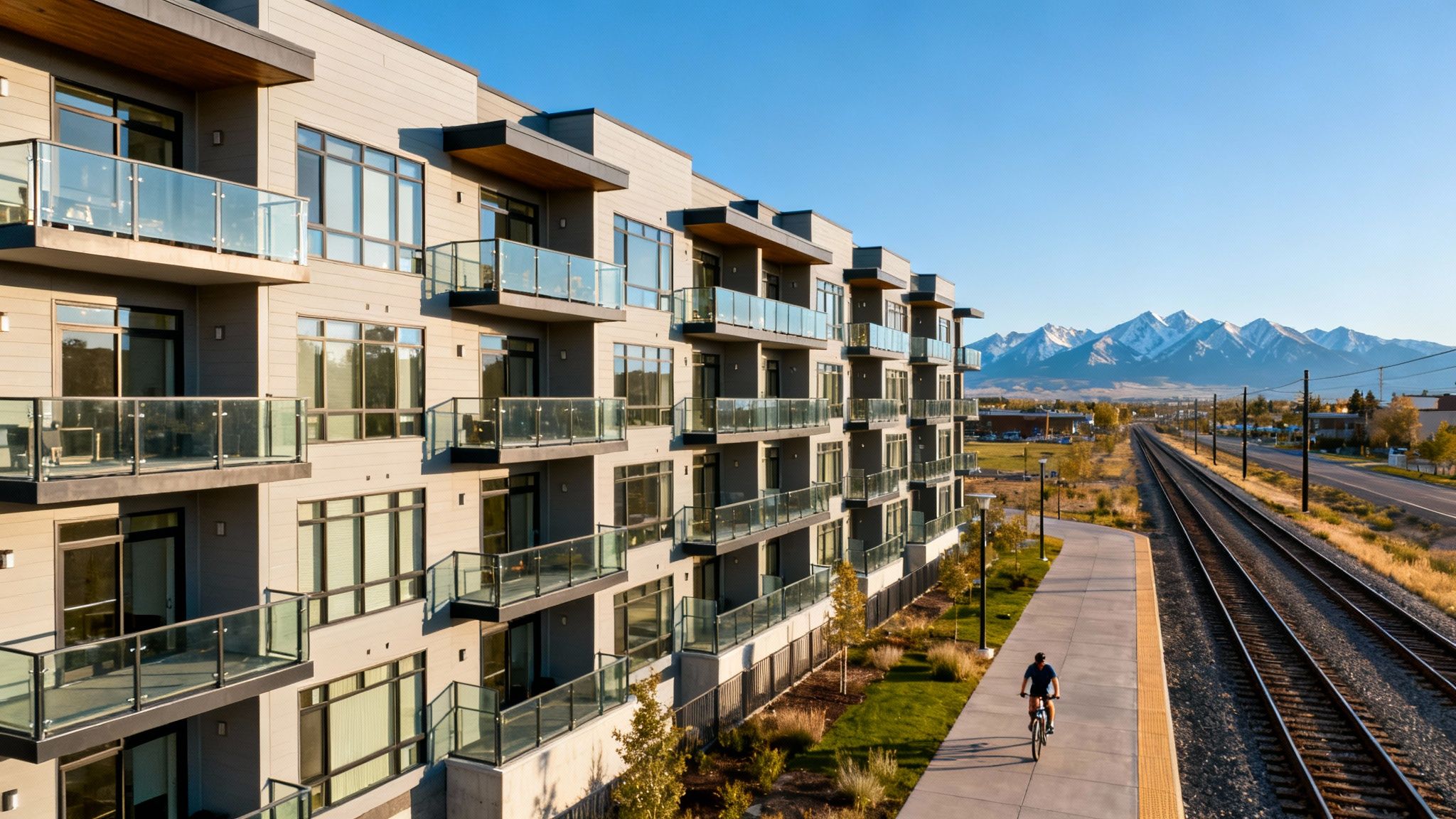 A modern apartment building with balconies, a person cycling by railroad tracks, and snowy mountains.