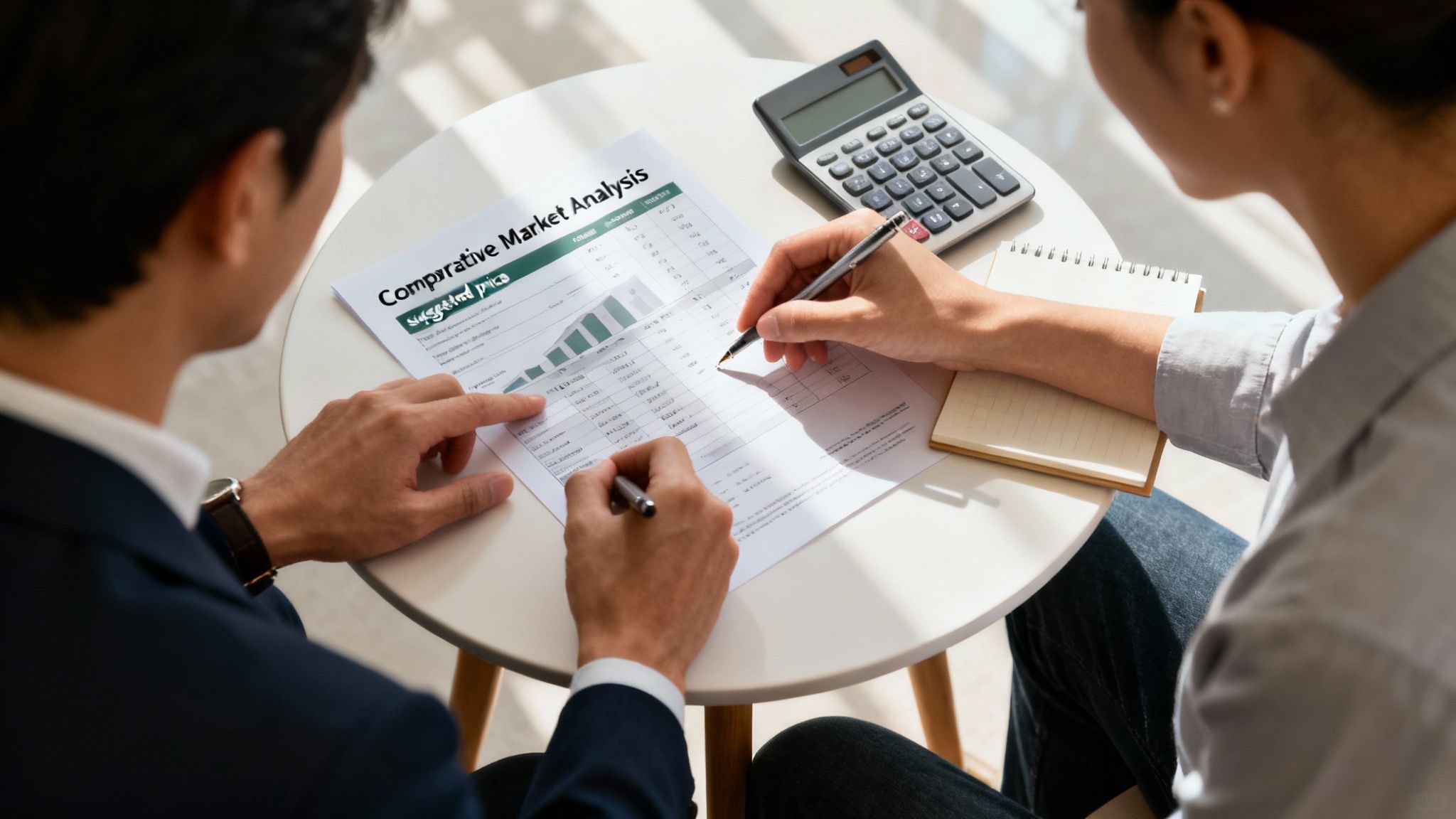 A person signing a document to make a purchase offer on a home.