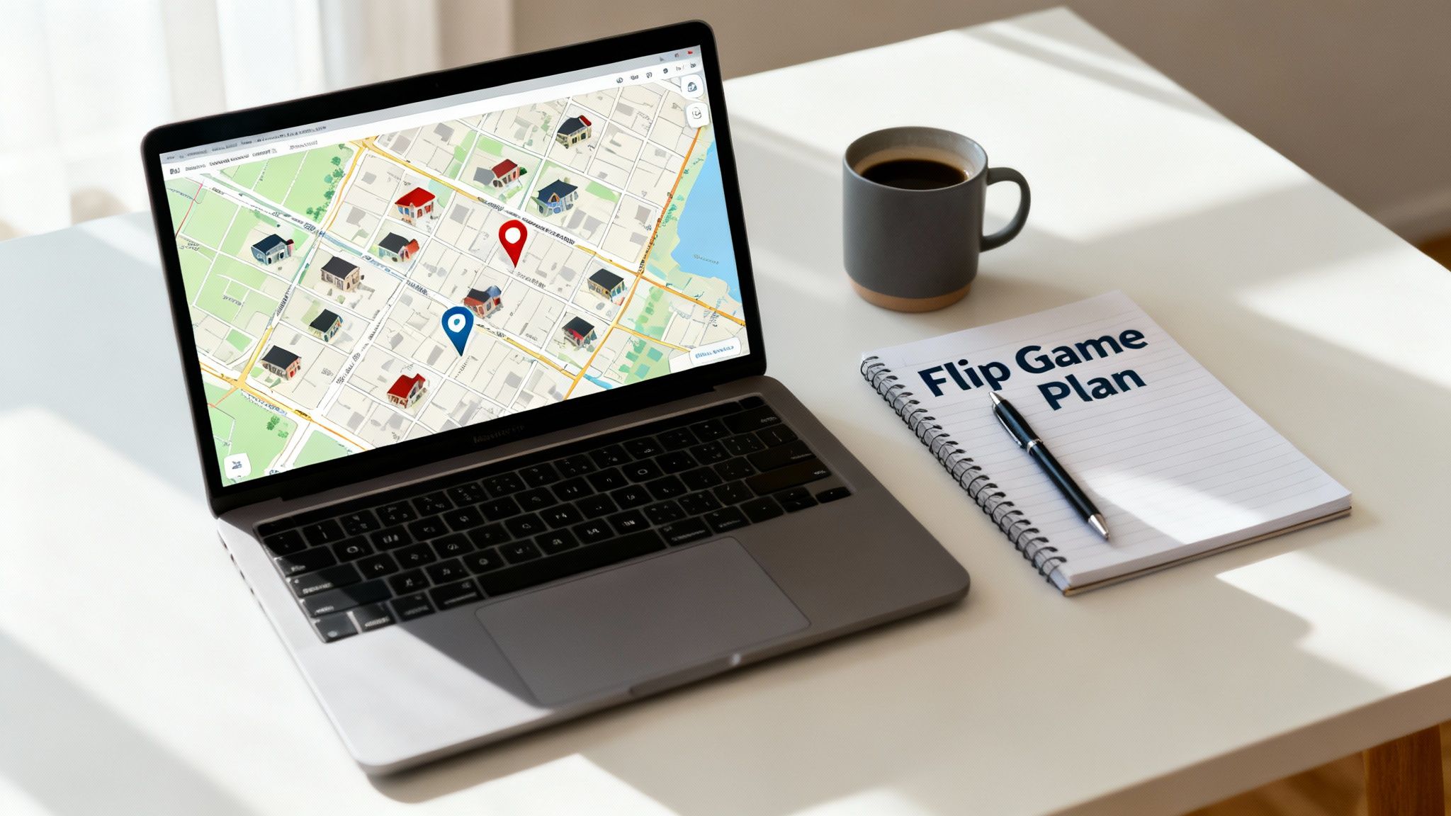 Desk setup with a laptop displaying a real estate map, coffee, and 'Flip Game Plan' notebook.