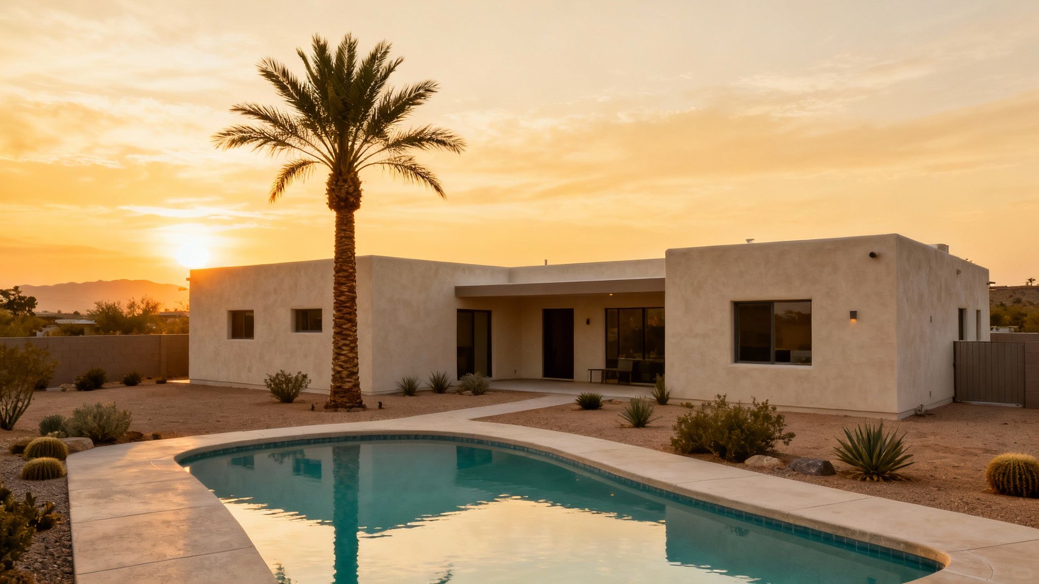 Modern desert home with a swimming pool and palm tree at a vibrant sunset.