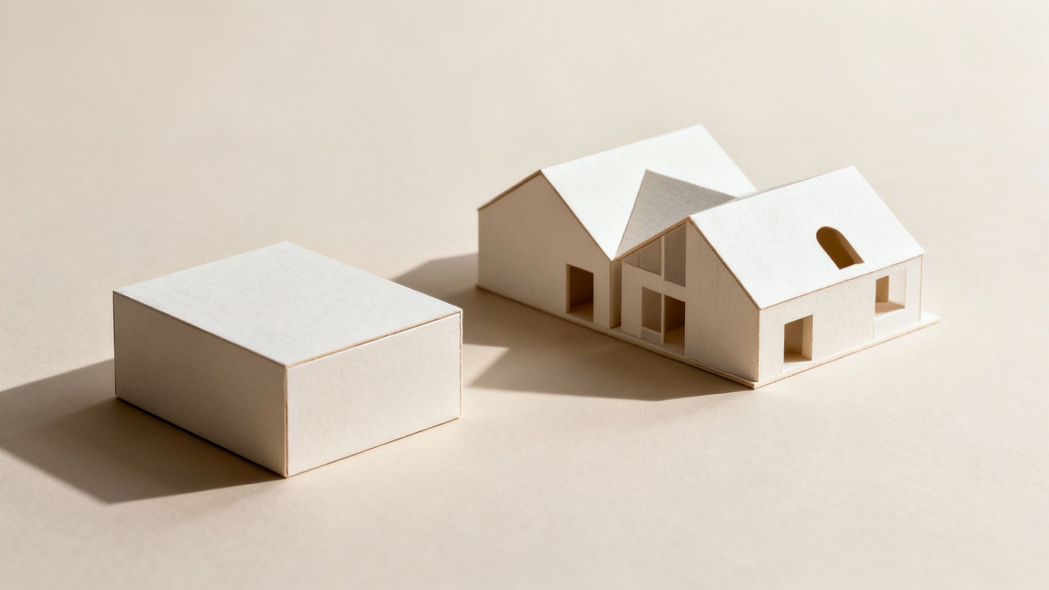 Minimalist architectural paper house models with pitched roofs on neutral beige background