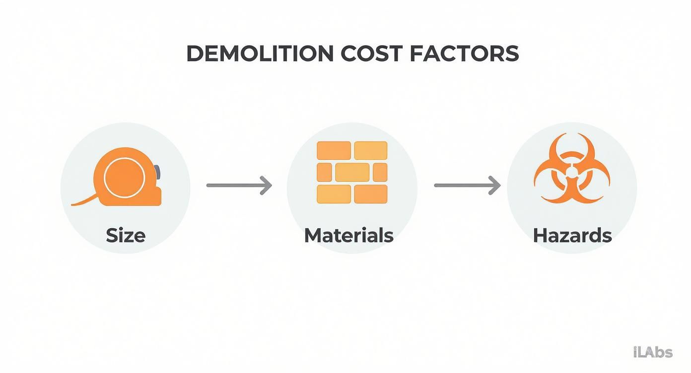 Infographic showing three demolition cost factors: size, materials, and hazards, represented by icons.