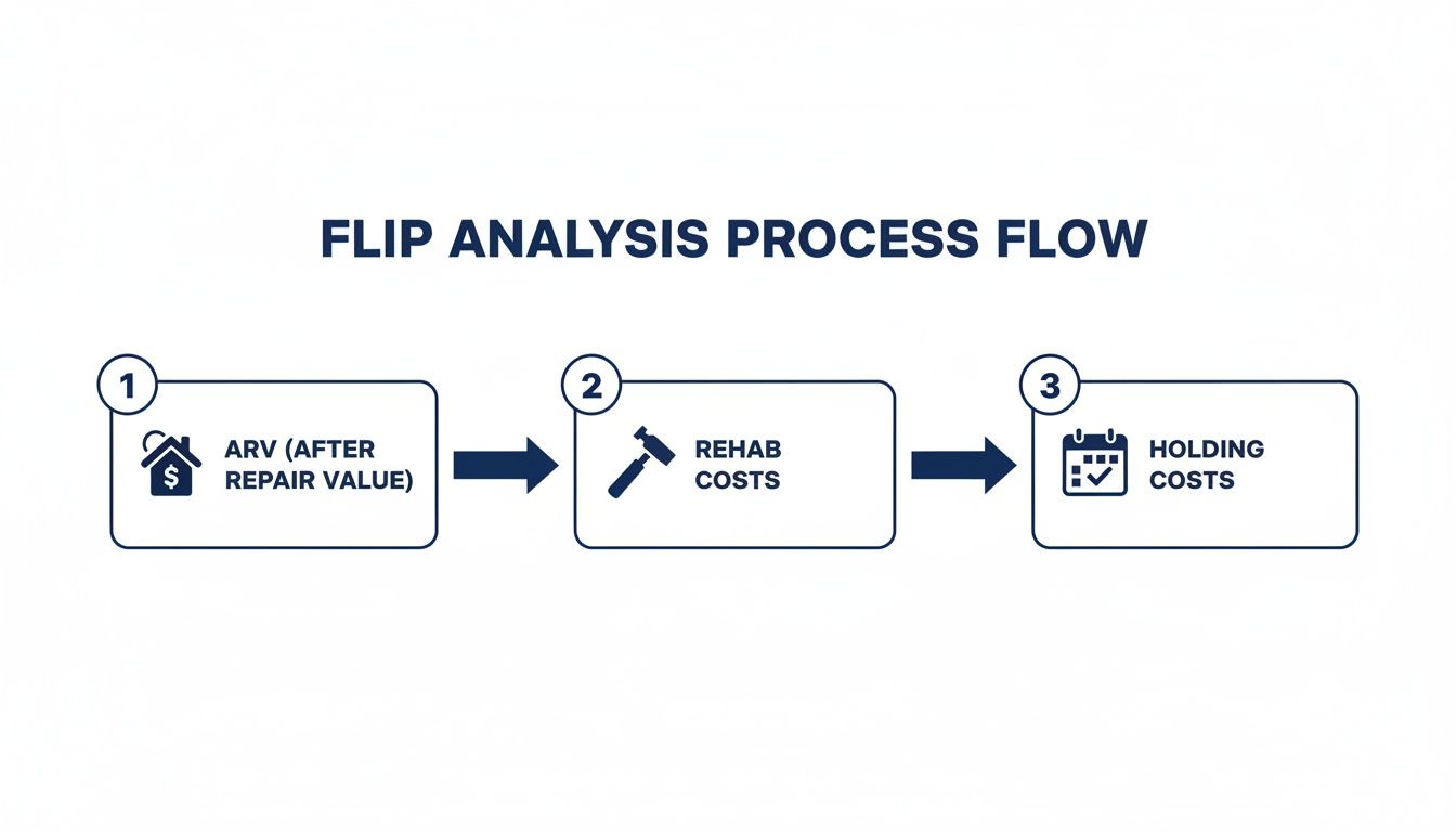 A flowchart detailing the flip analysis process: ARV, Rehab Costs, and Holding Costs.