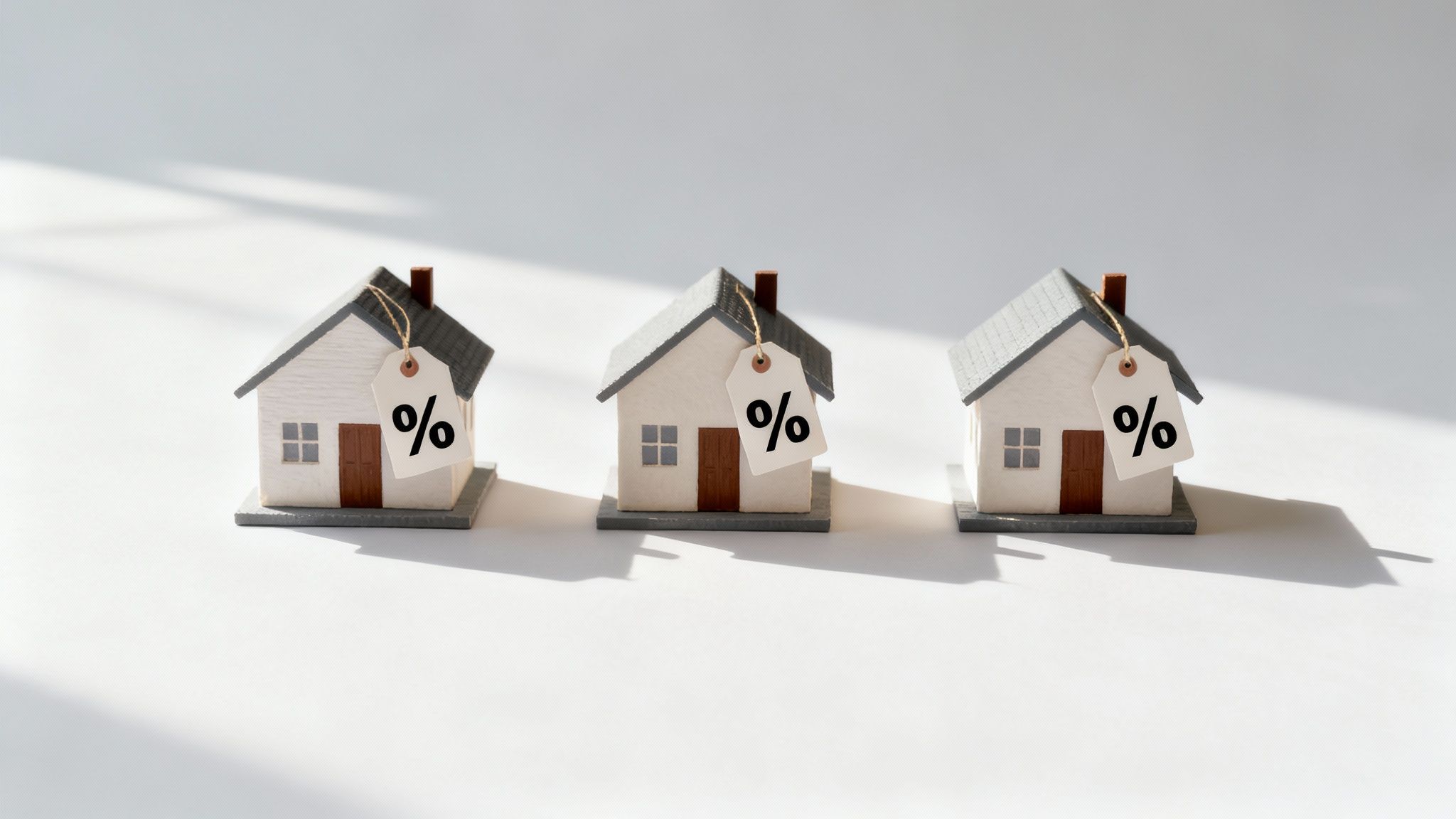 Three miniature house models with percentage tags representing mortgage interest rates and capitalization