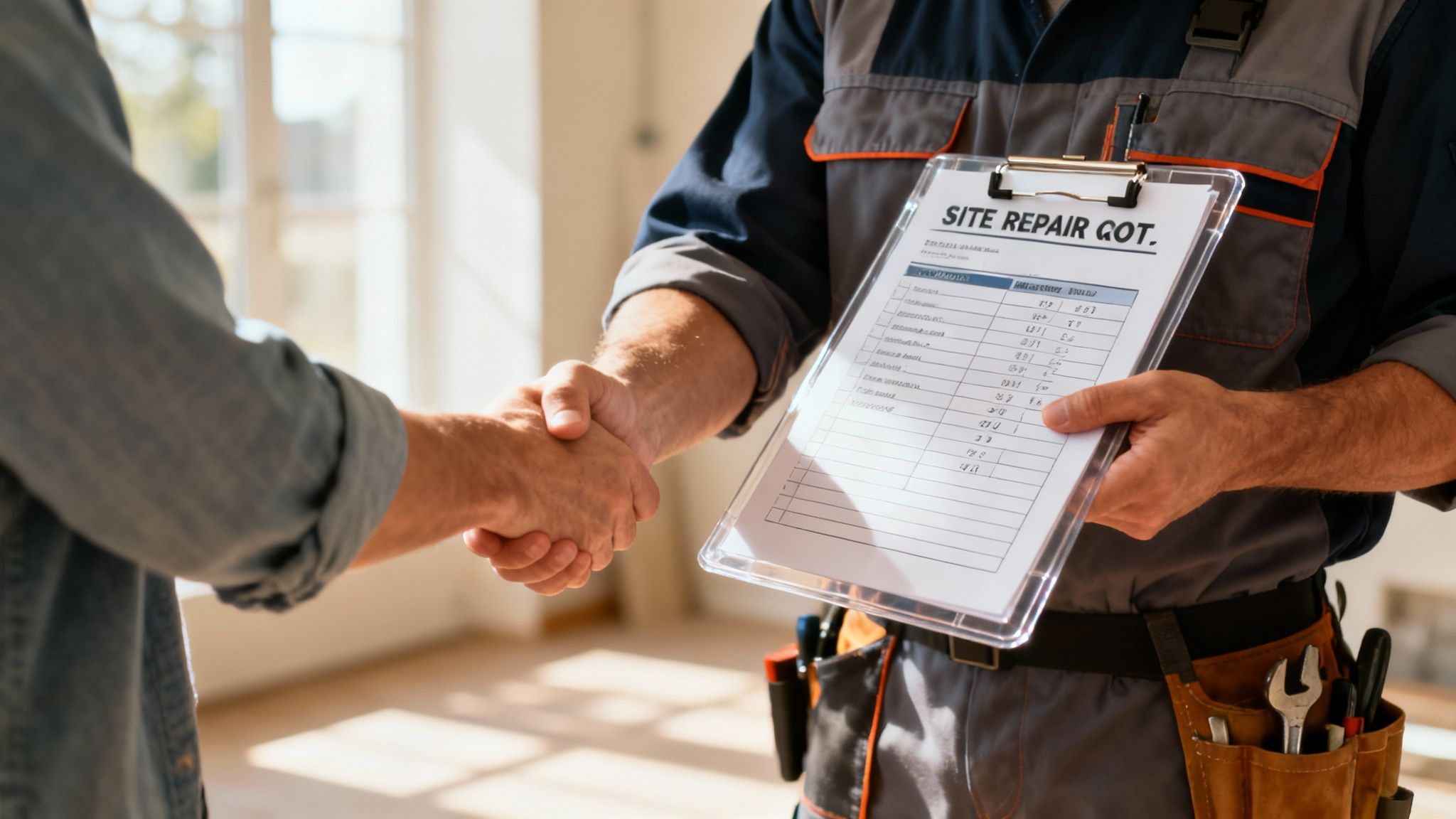 A contractor discussing repair plans with a homeowner inside a house under renovation.