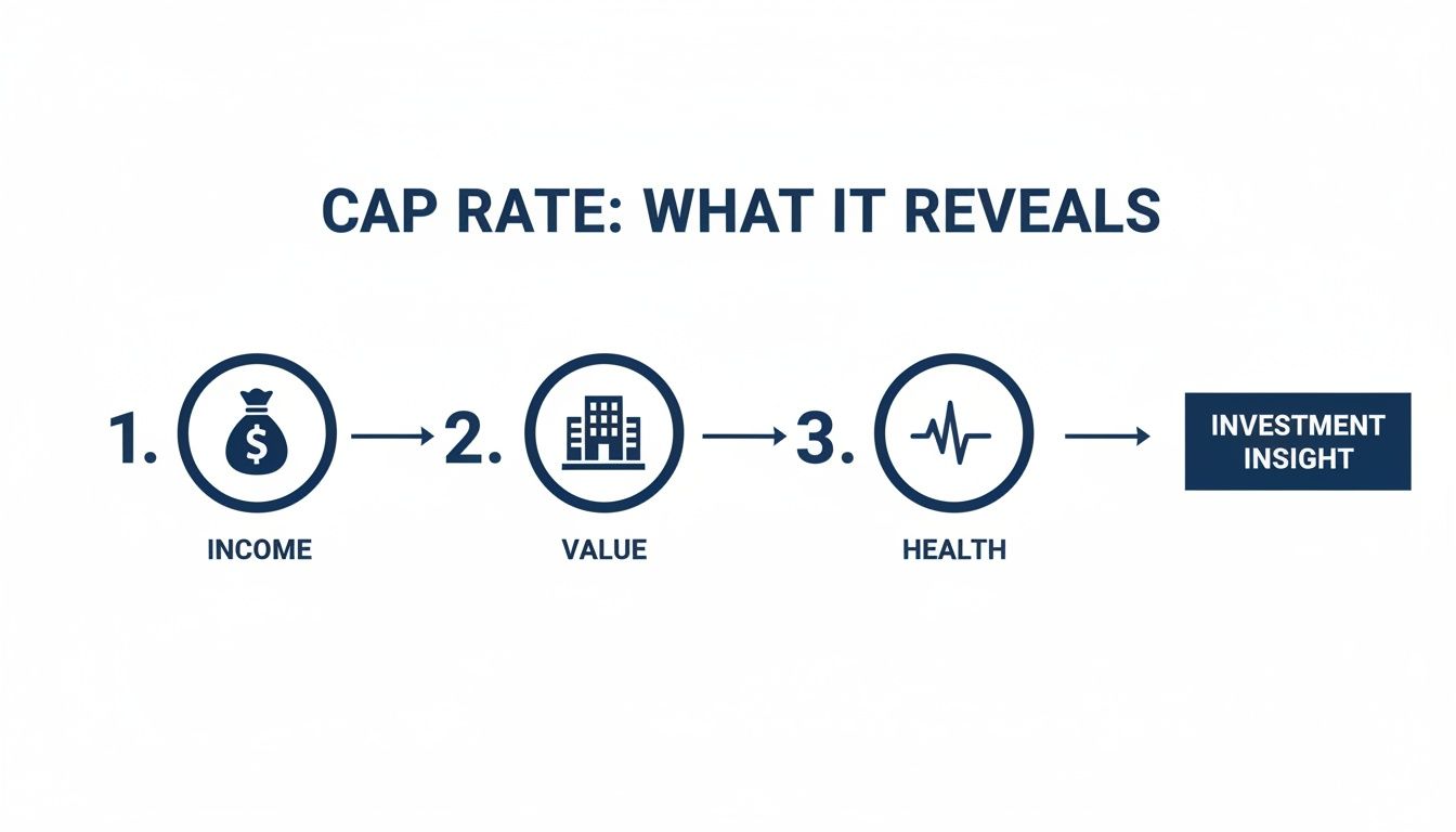A flowchart illustrating how cap rate reveals property income, value, financial health, and investment insight.