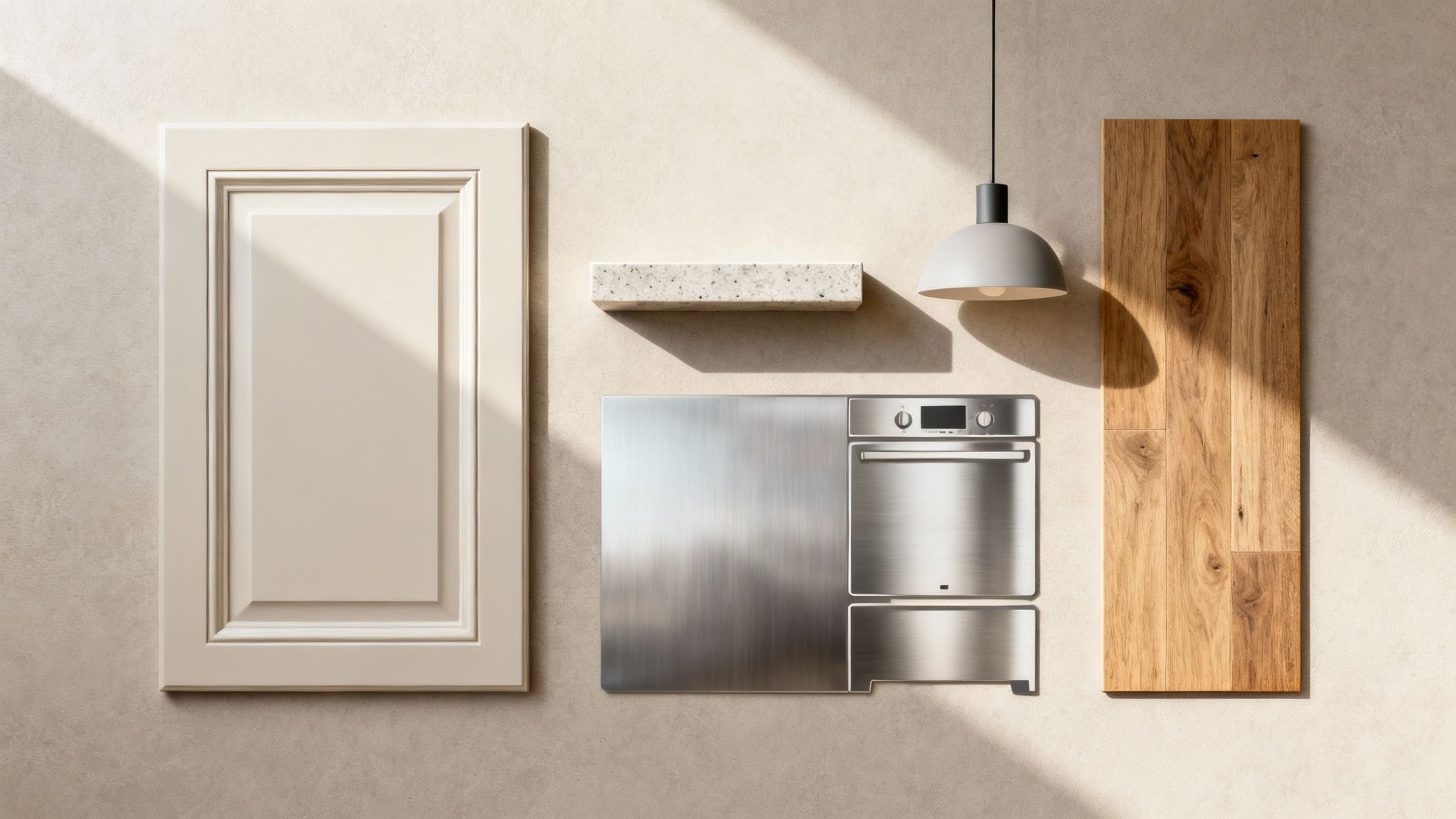 Various kitchen upgrade elements displayed on a wall: a cabinet door, granite shelf, steel appliances, and wood panel.