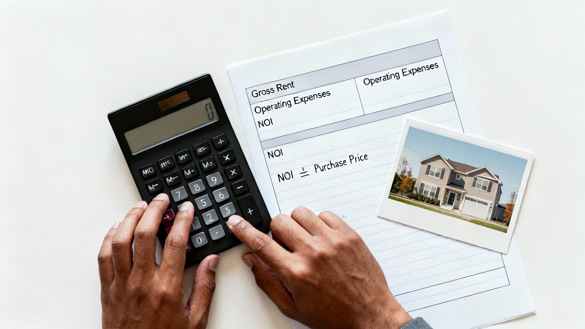 Hands using a calculator to figure out real estate financials with NOI and a house photo.