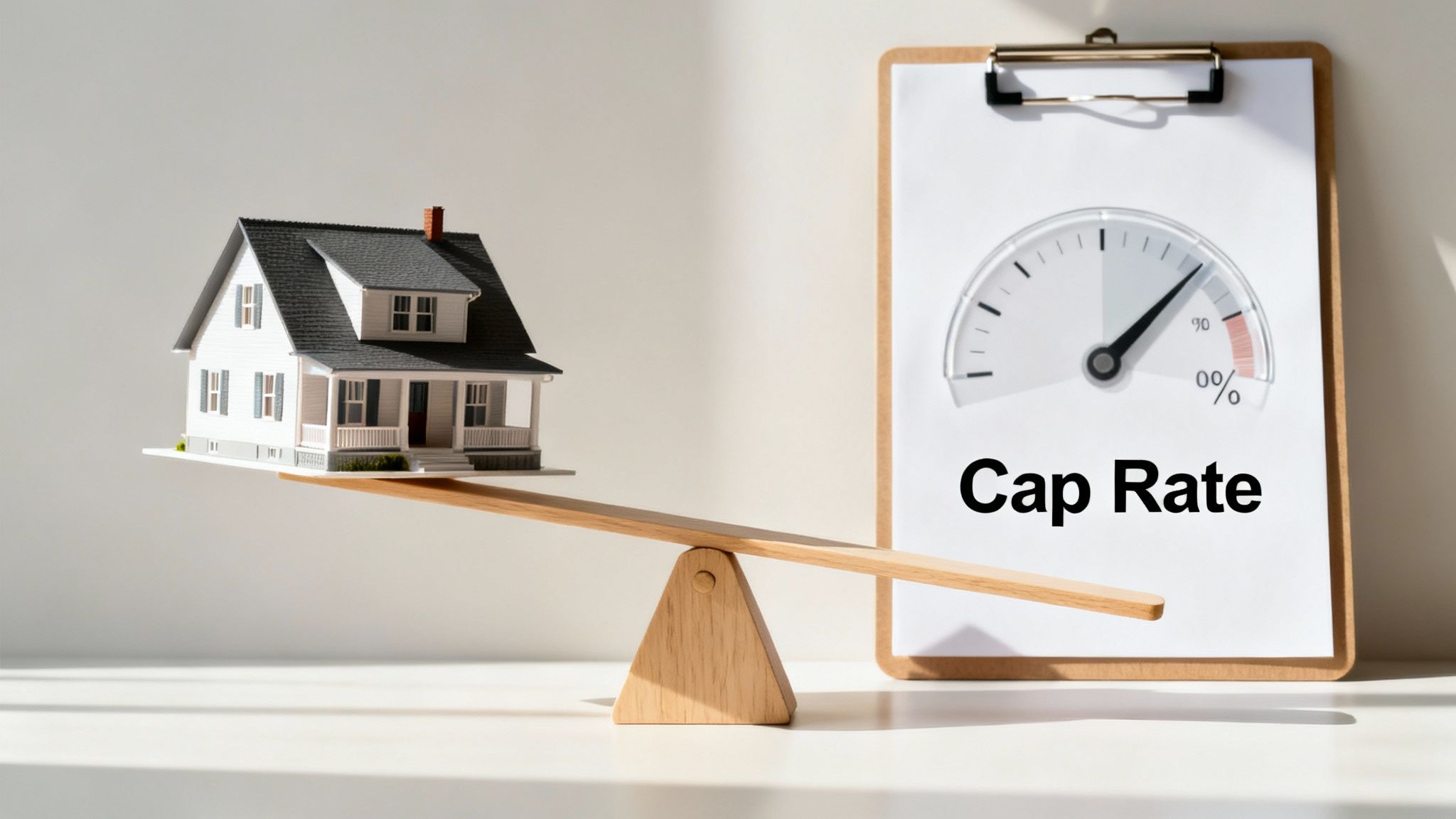Miniature house on a seesaw balancing with a clipboard displaying a 'Cap Rate' meter.