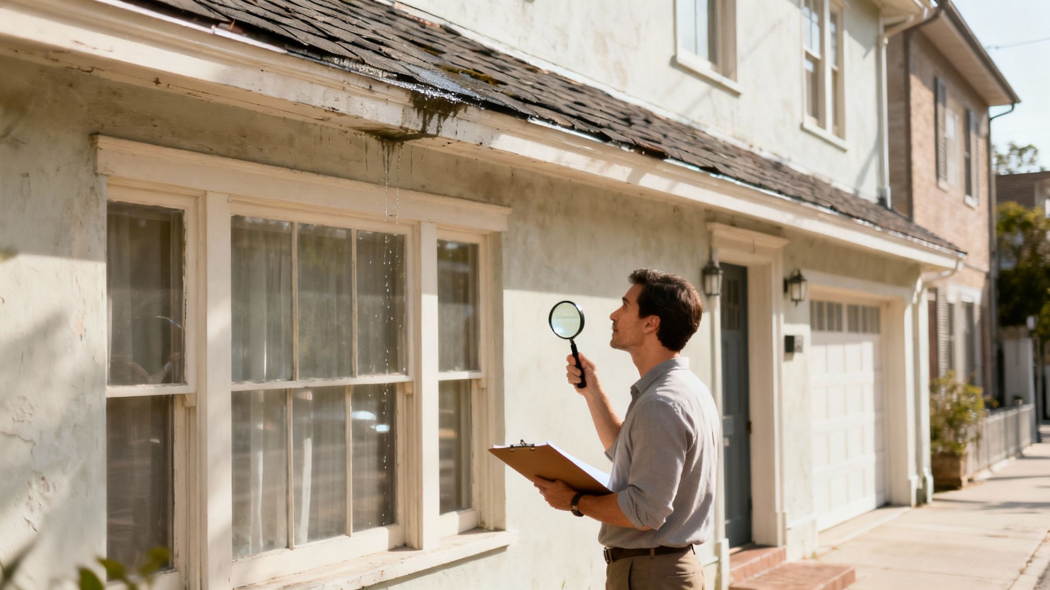 A home inspector examining the exterior of a house
