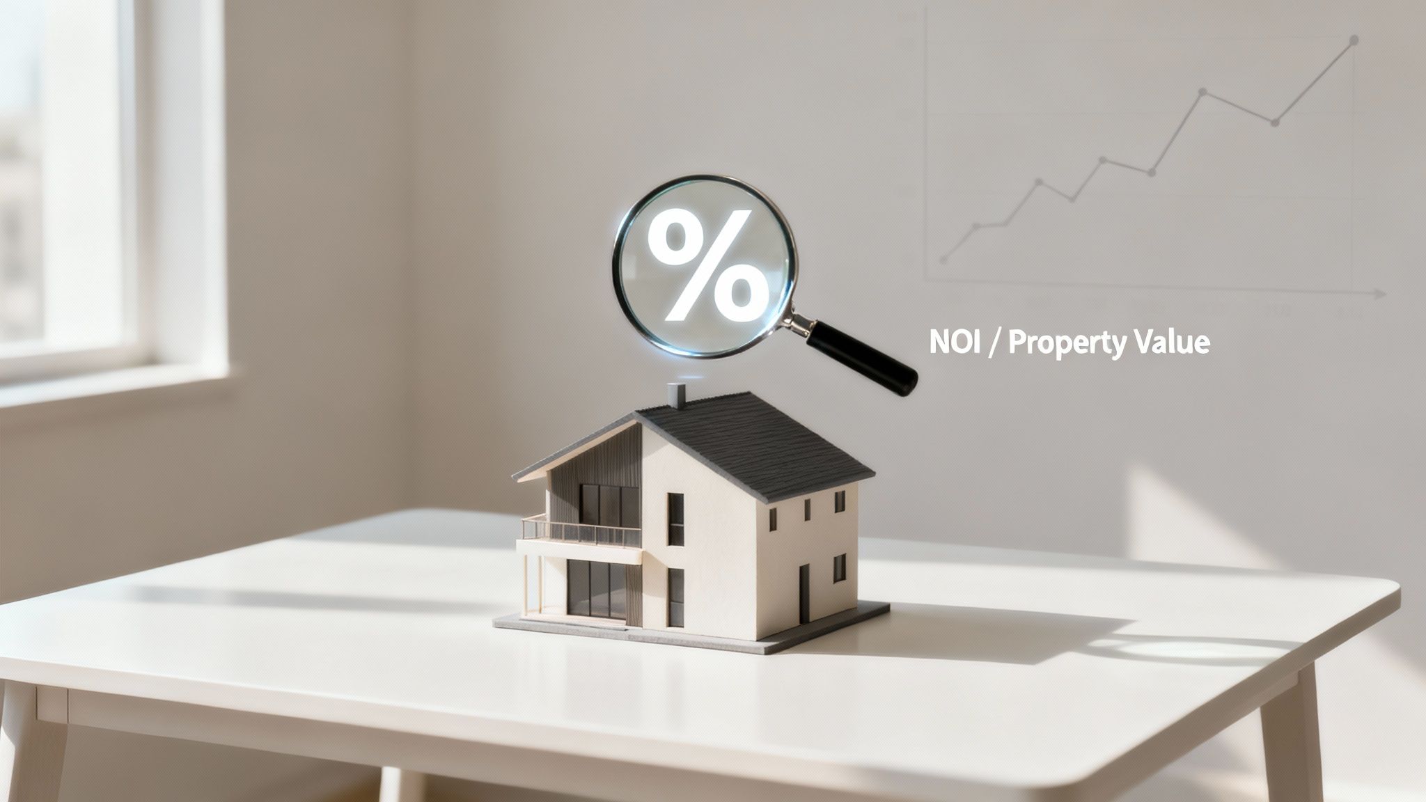 Miniature house model, magnifying glass with percentage symbol, and financial graph illustrating real estate investment.