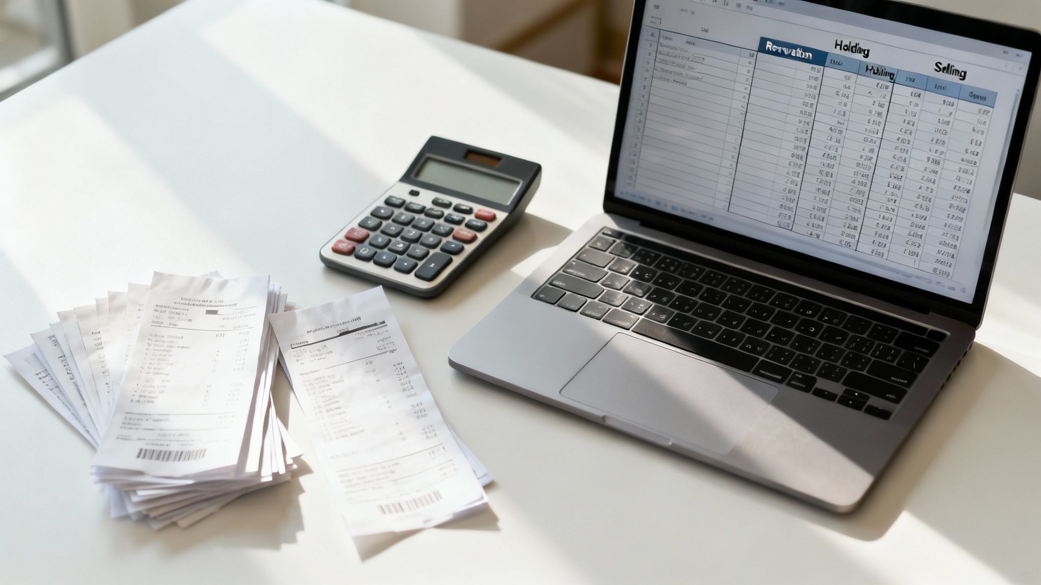 A calculator and receipts on a desk, signifying tax deductions for house flippers.