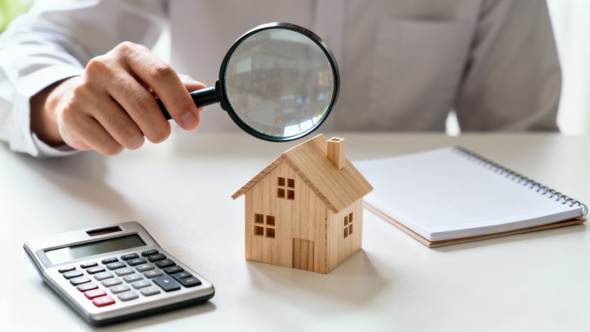 A person holds a magnifying glass over a miniature wooden house model, next to a calculator and notebook.