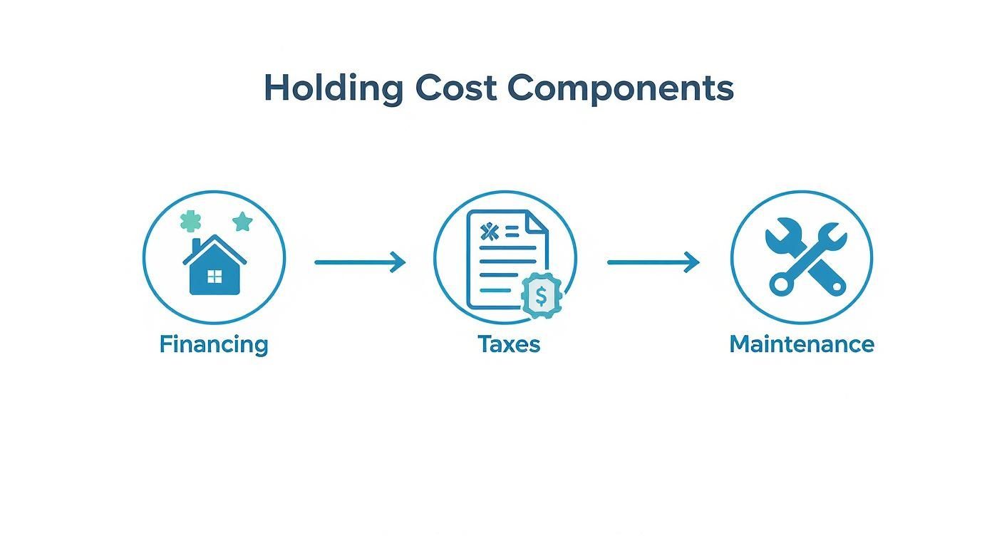 Infographic about how to calculate holding costs showing a process flow of Financing, Taxes, and Maintenance.