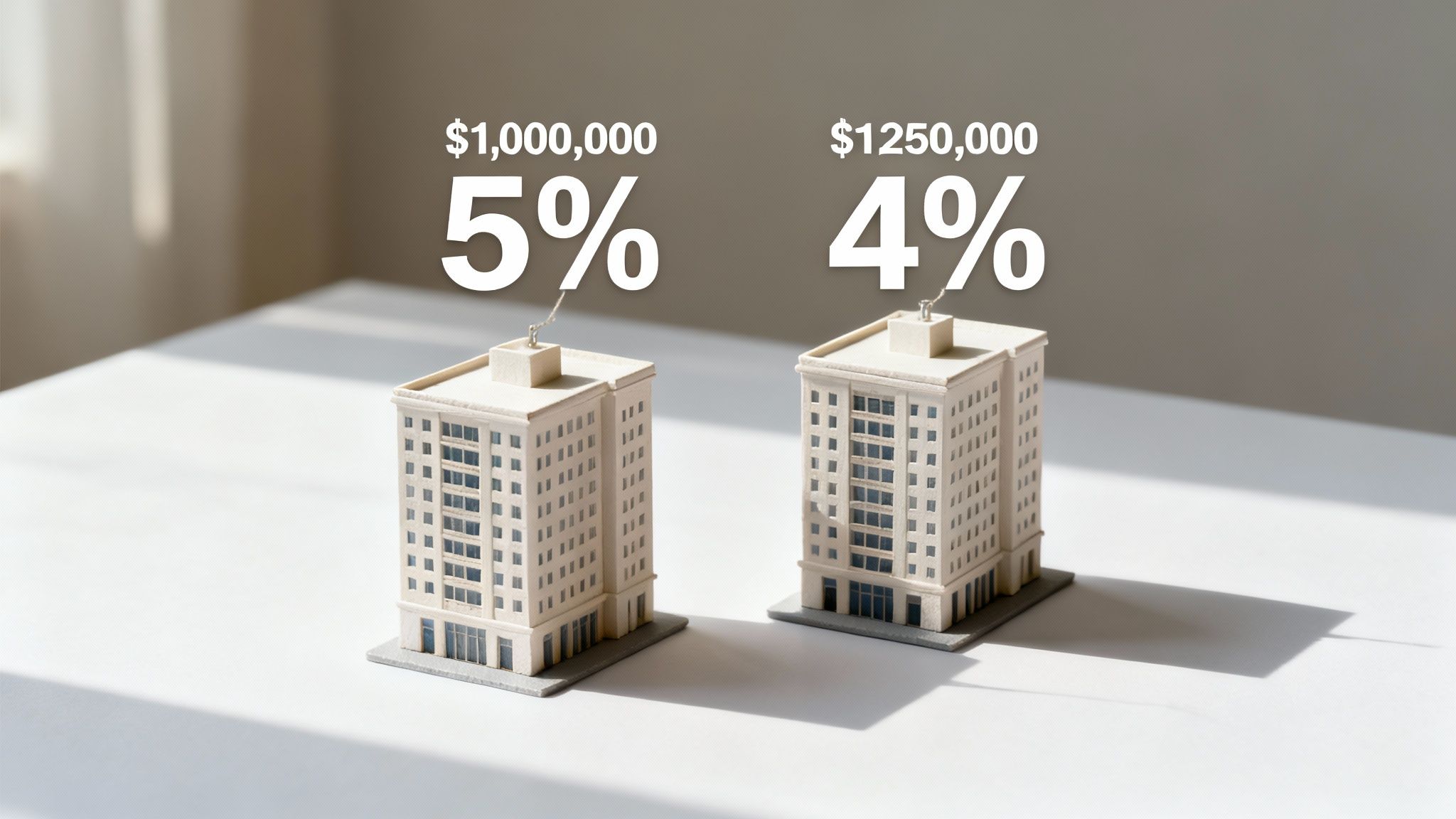 Two miniature buildings on a table display different property values and capitalization rates.