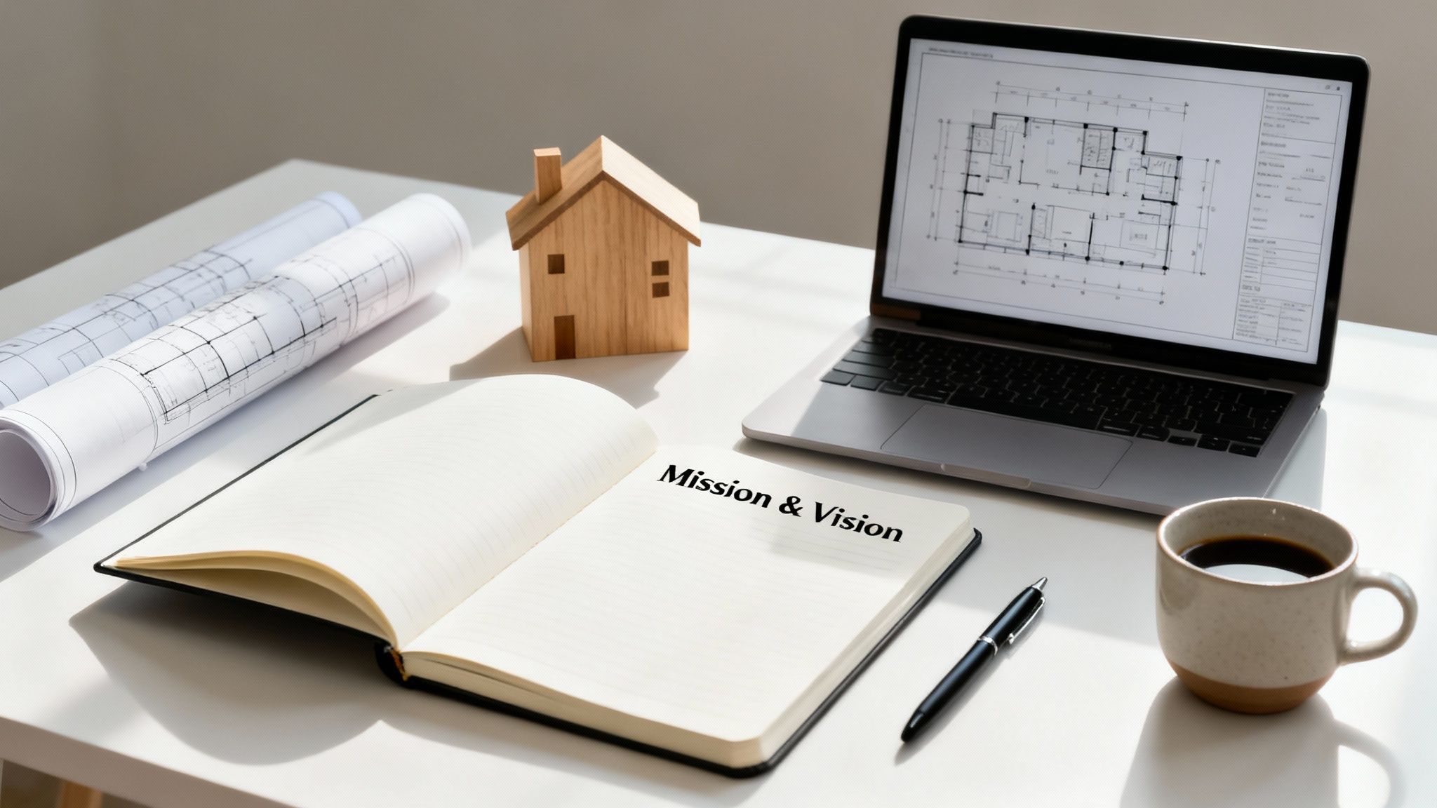 A desk with architectural plans, a house model, laptop, and notebook open to 'Mission & Vision'.