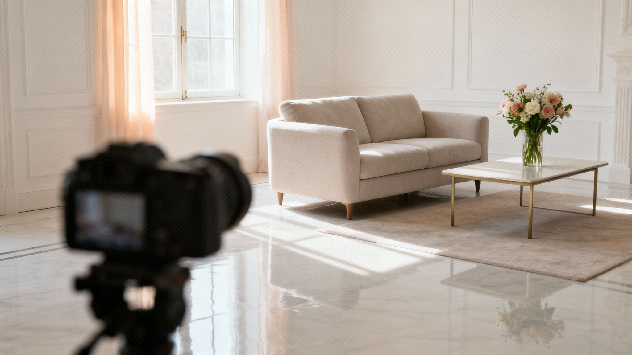 A professional camera captures a bright, modern living room with a beige sofa and flower bouquet.