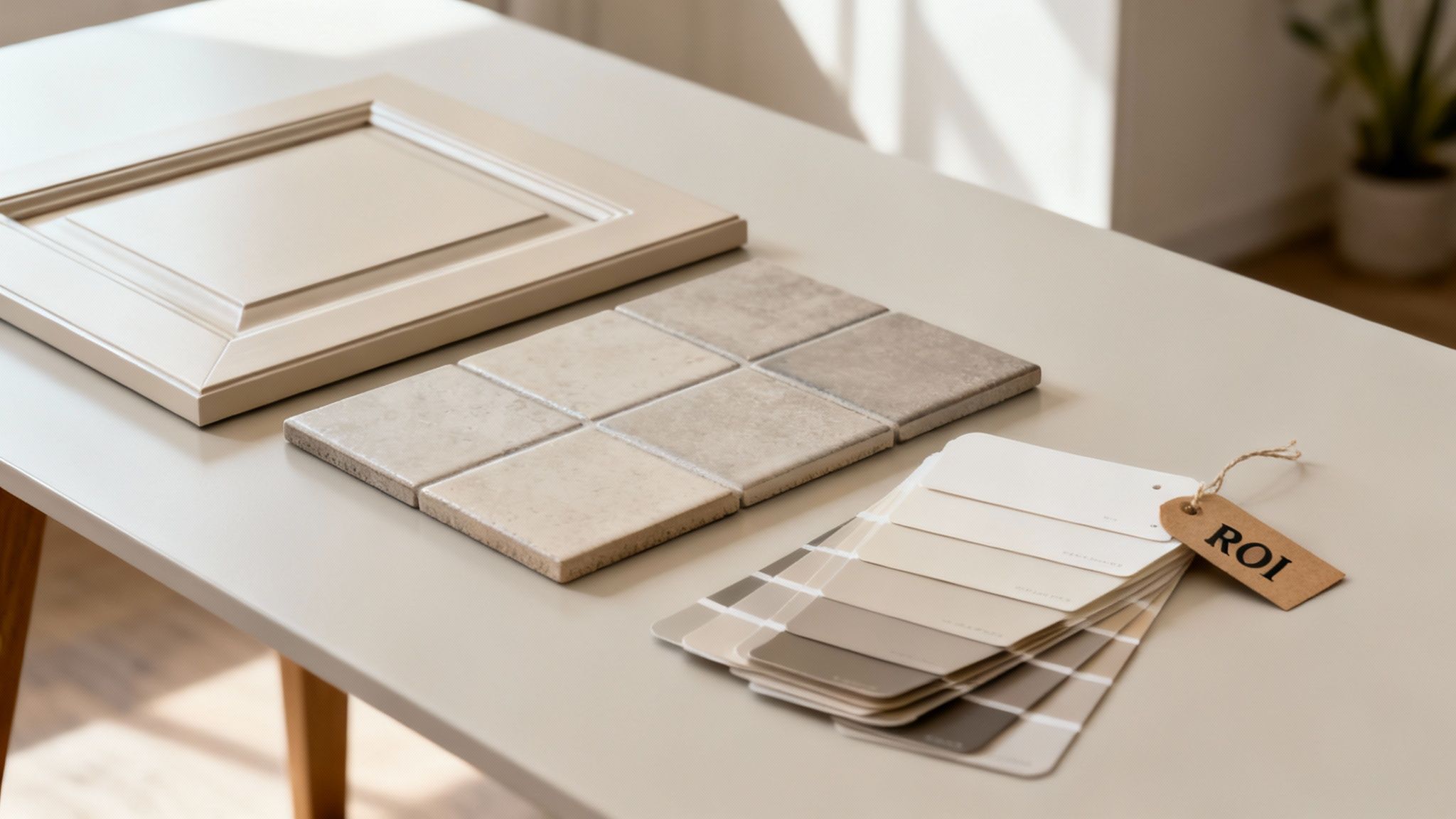 Home renovation selection of a cabinet door, ceramic tiles, and paint swatches with an ROI tag.