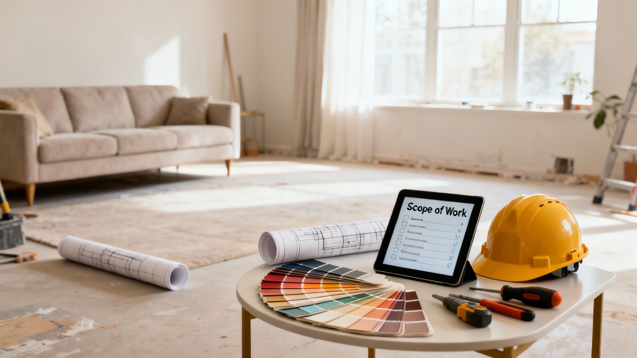 A tablet displaying 'Scope of Work', blueprints, and color swatches on a table in a room undergoing renovation.