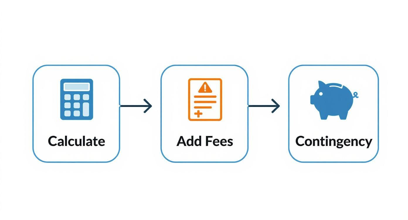 Three step process flowchart showing calculate costs, add fees, and contingency with calculator and piggy bank icons