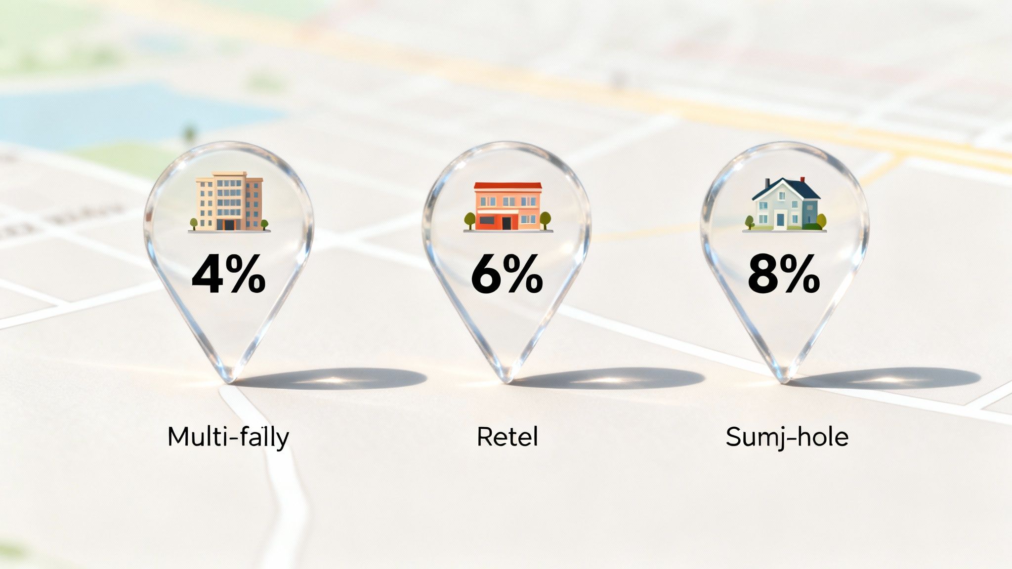 Map showing cap rates for multi-family (4%), retail (6%), and single-family (8%) properties.