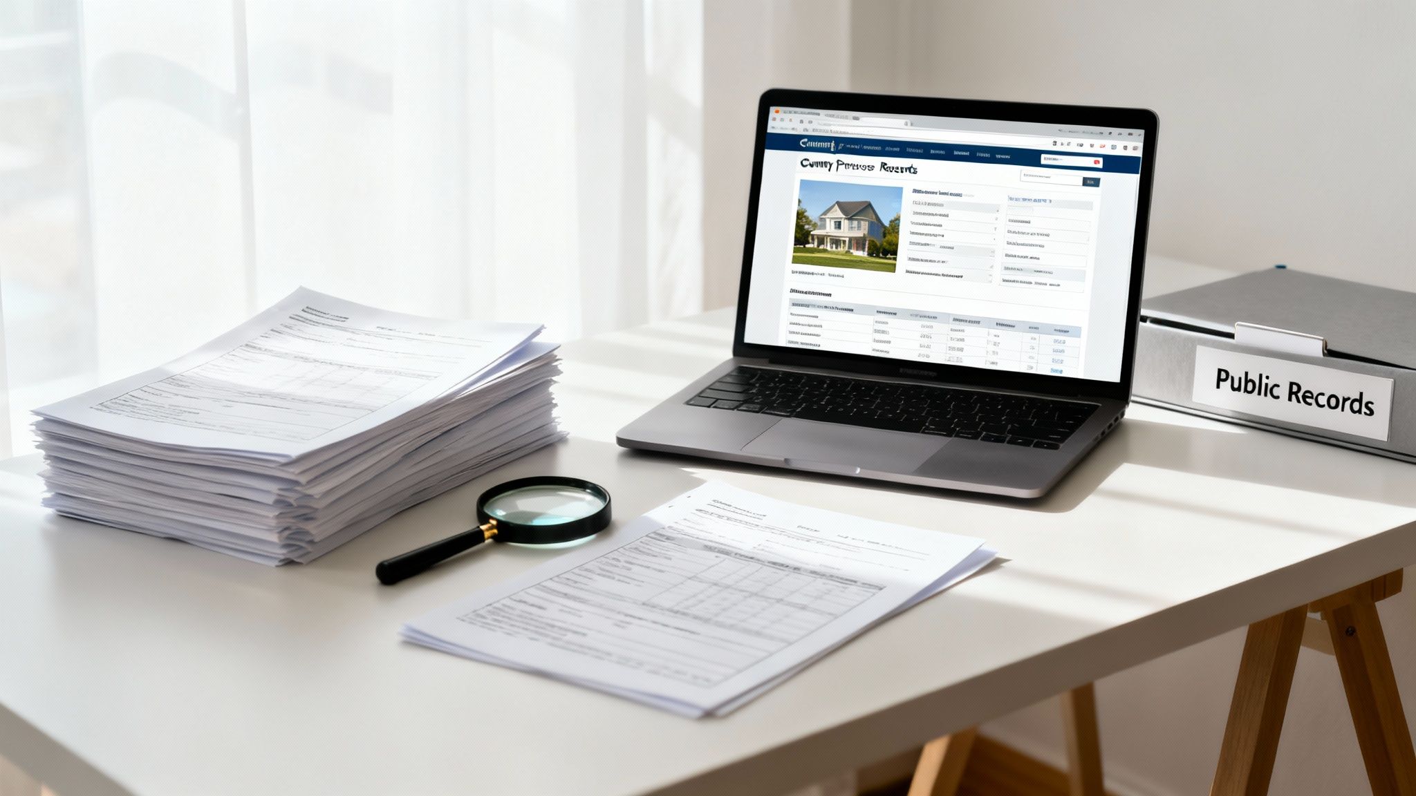 A desk with a laptop displaying property records, stacks of paper, a magnifying glass, and a 'Public Records' box.