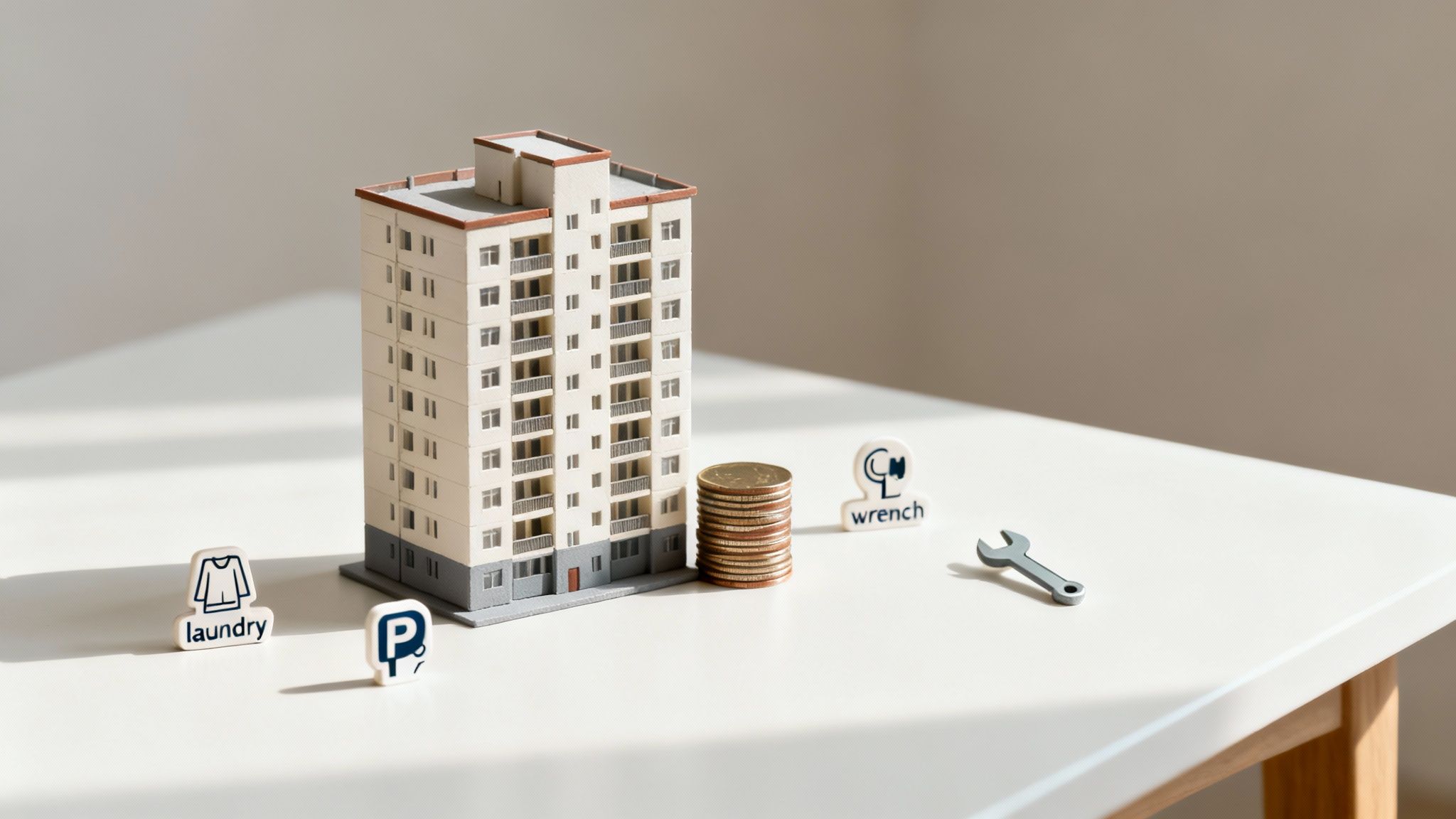 A miniature building, a stack of coins, and icons for laundry, parking, and property maintenance.