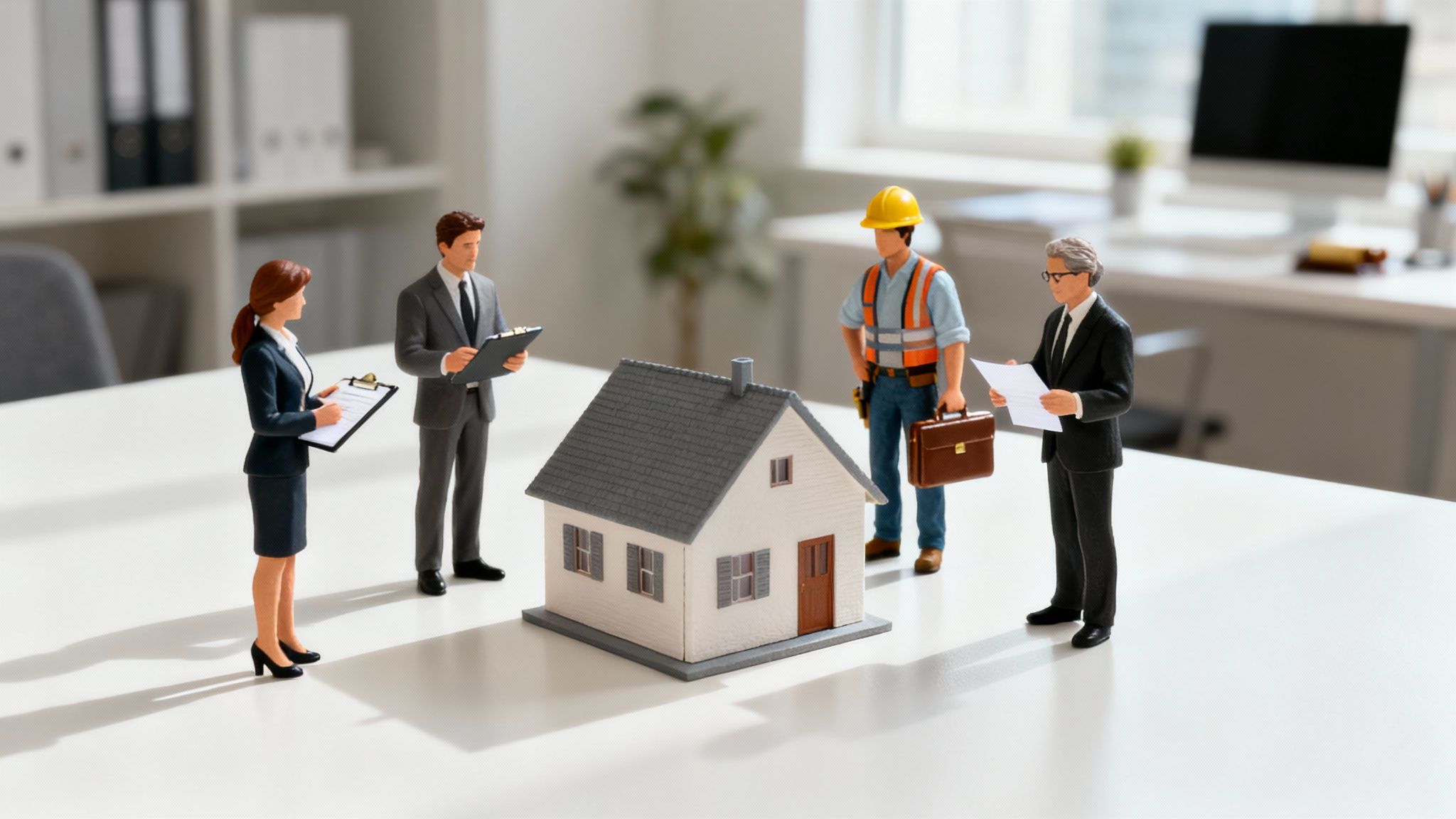 A group of professionals, including an agent, contractor, and investor, collaborating around a blueprint.