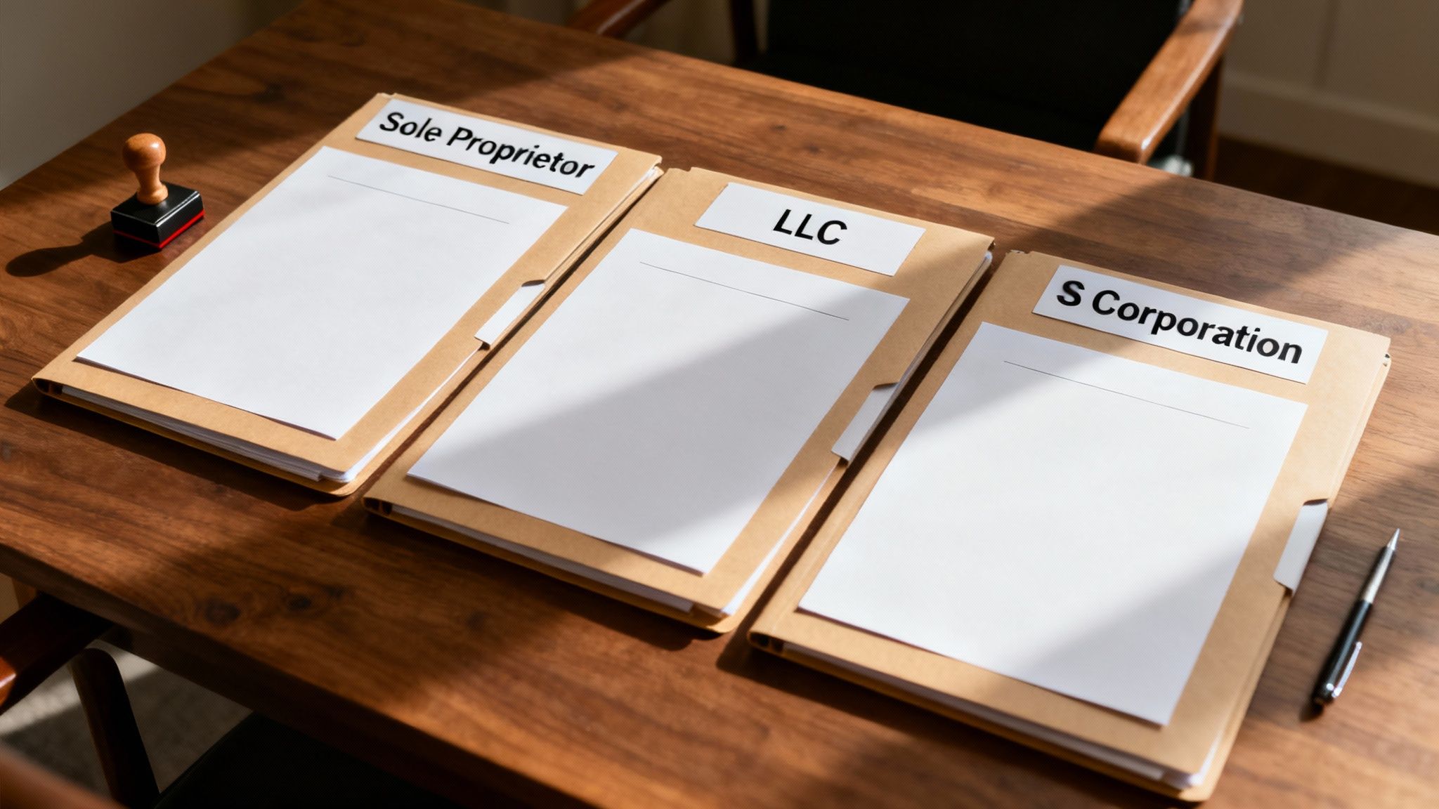A group of house blueprints and a pen on a wooden table, symbolizing planning a business structure.