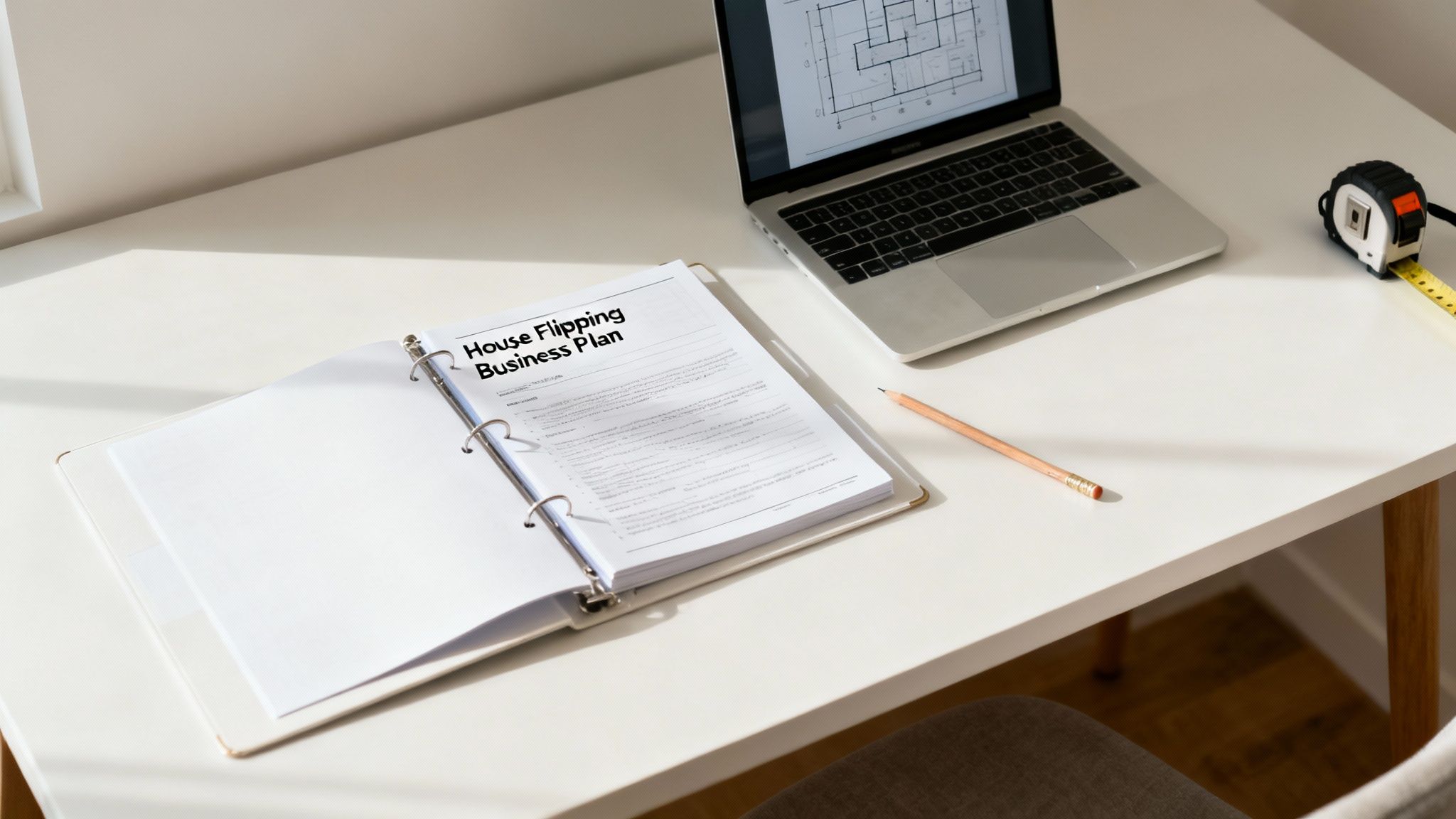A person working on a laptop with blueprints and a model house on the desk, symbolizing planning.