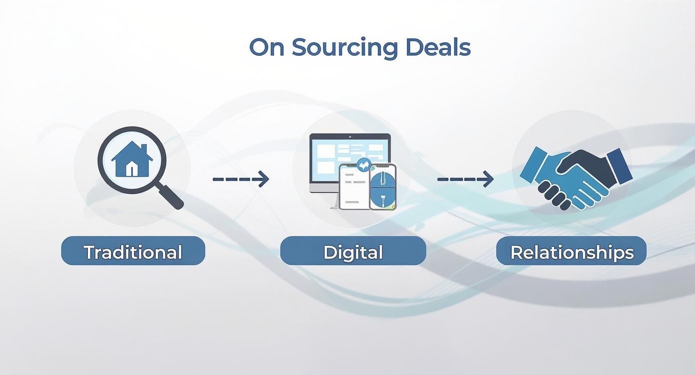 Infographic detailing the process of sourcing deals for house flipping, showing traditional, digital, and relationship-based methods.