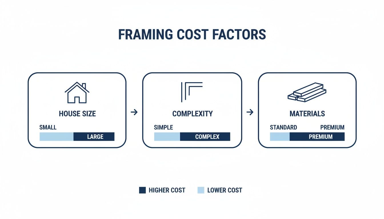 Diagram showing framing cost factors: house size, complexity, and materials, with indicators for higher and lower cost.