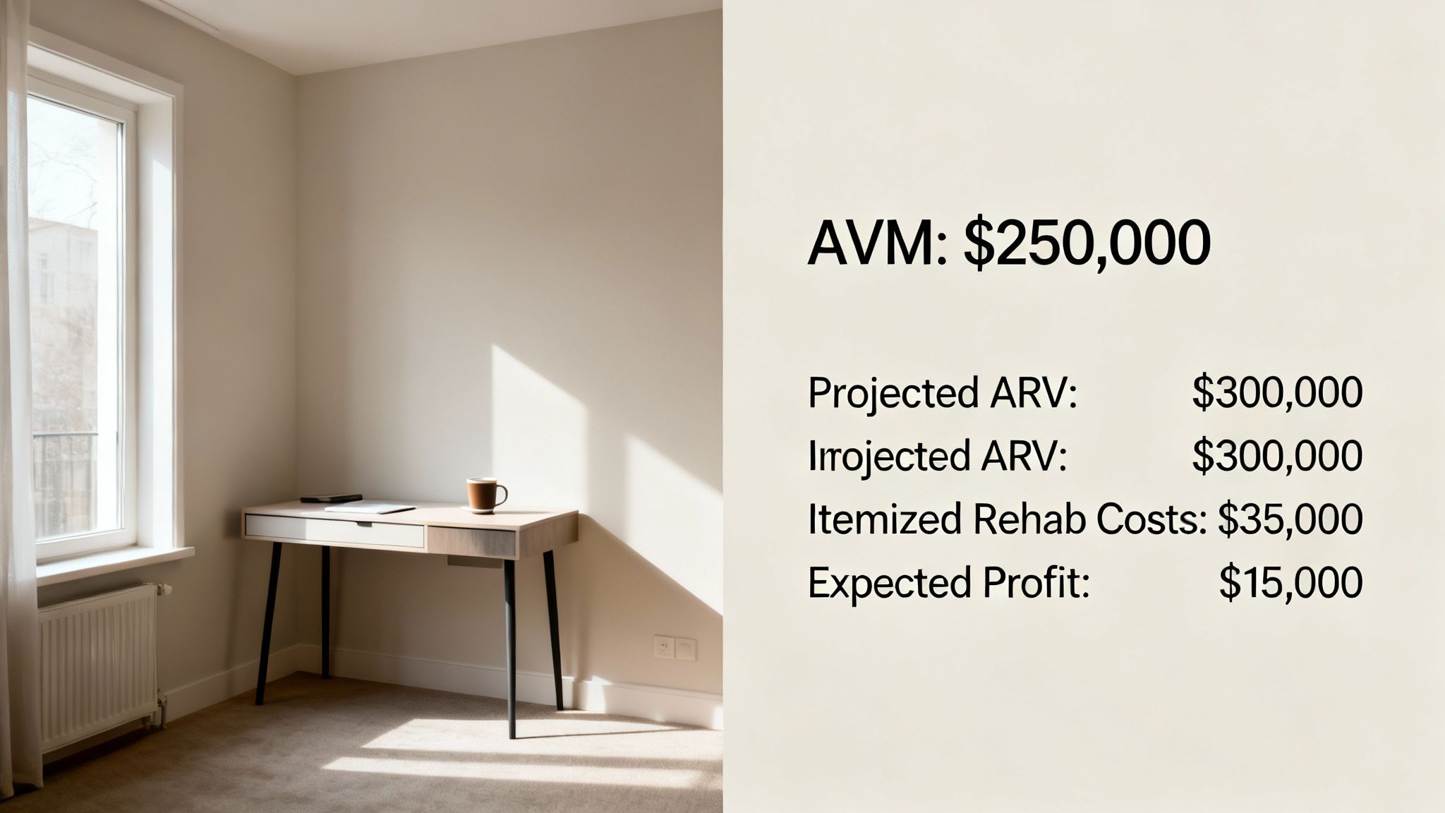 An empty room with a window and a desk, next to real estate financial projections.