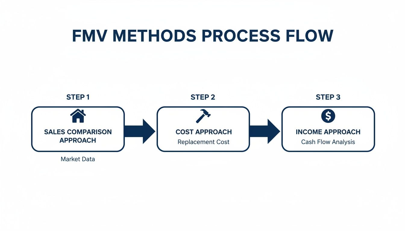 Flowchart detailing the three approaches to determining Fair Market Value: Sales, Cost, and Income.