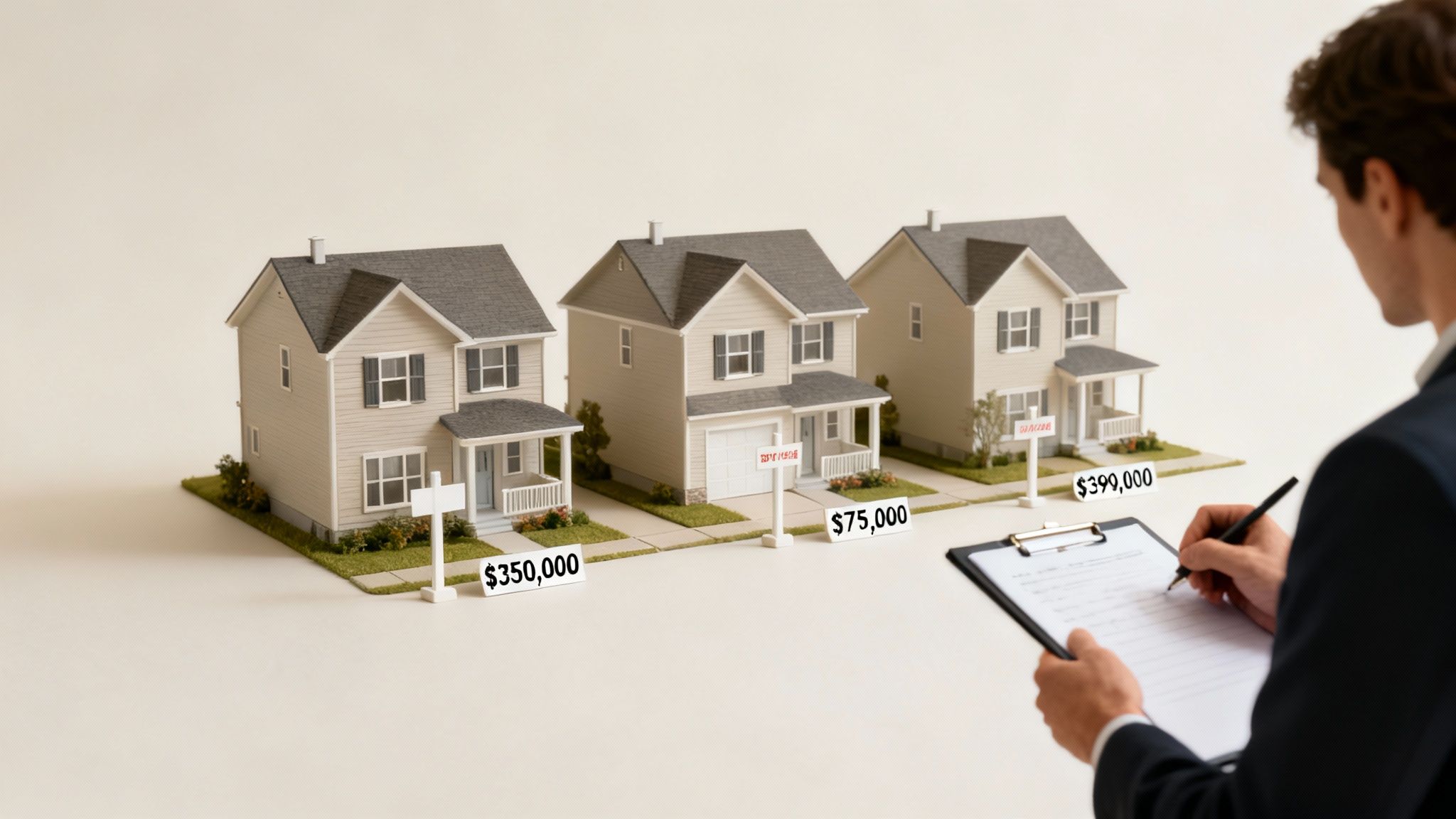 Man assessing three model houses with price tags and 'sold' or 'for sale' signs.