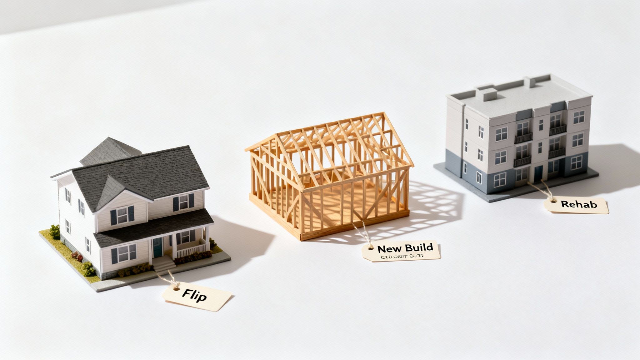 Three miniature house models representing flip, new build, and rehab real estate projects.