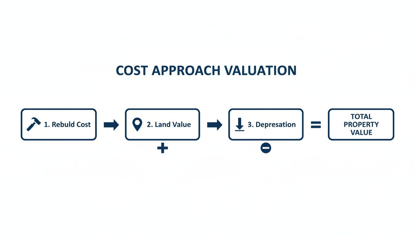 A flowchart illustrates the cost approach valuation: Rebuild Cost + Land Value - Depreciation = Total Property Value.