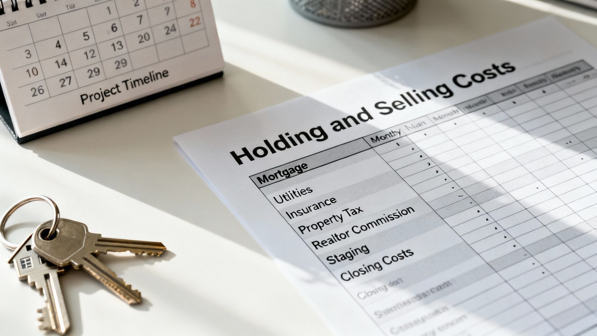 A financial spreadsheet detailing holding and selling costs, a project timeline calendar, and house keys.