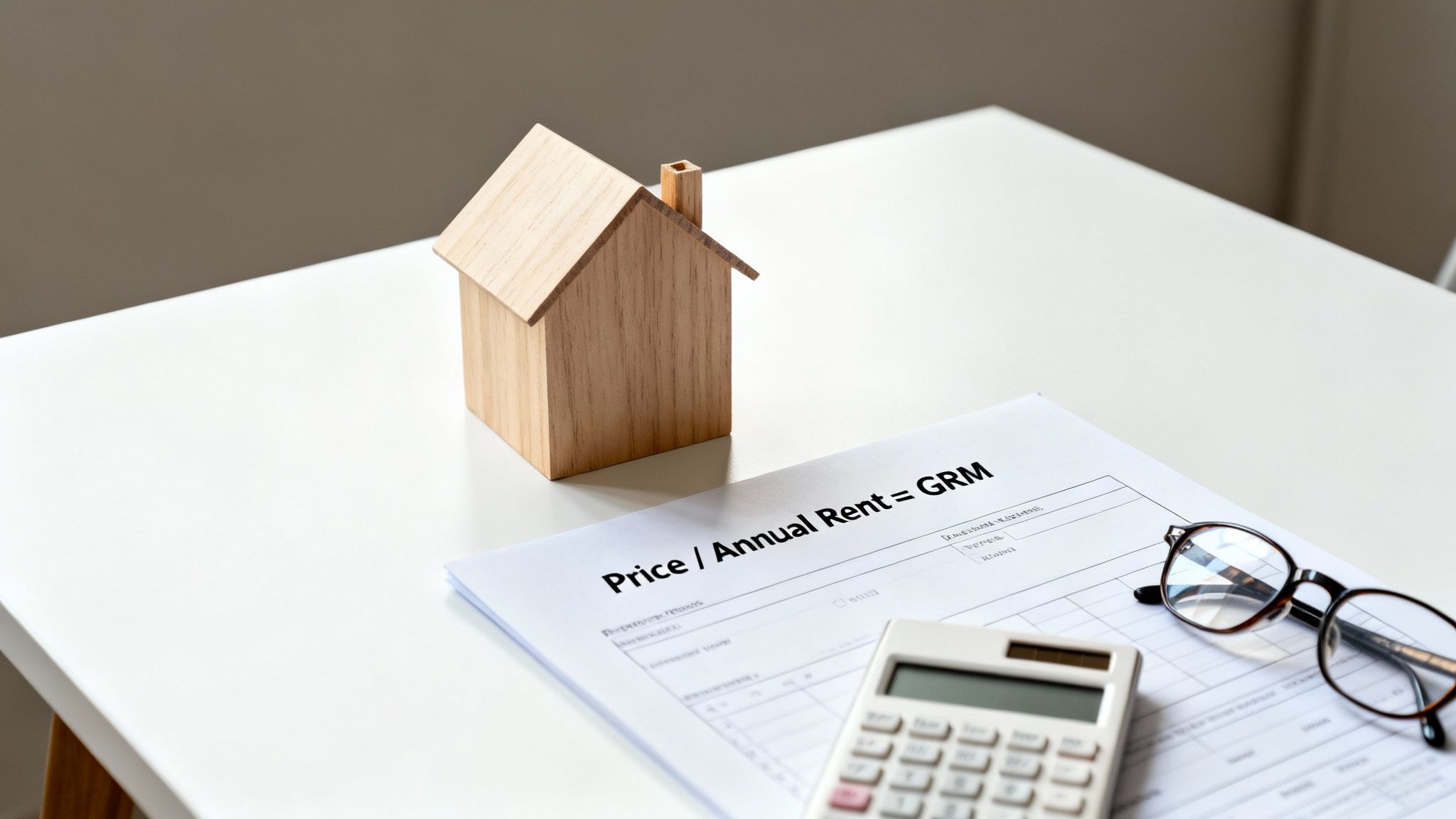Wooden house model, GRM formula document, calculator, and glasses on a white desk for real estate analysis.