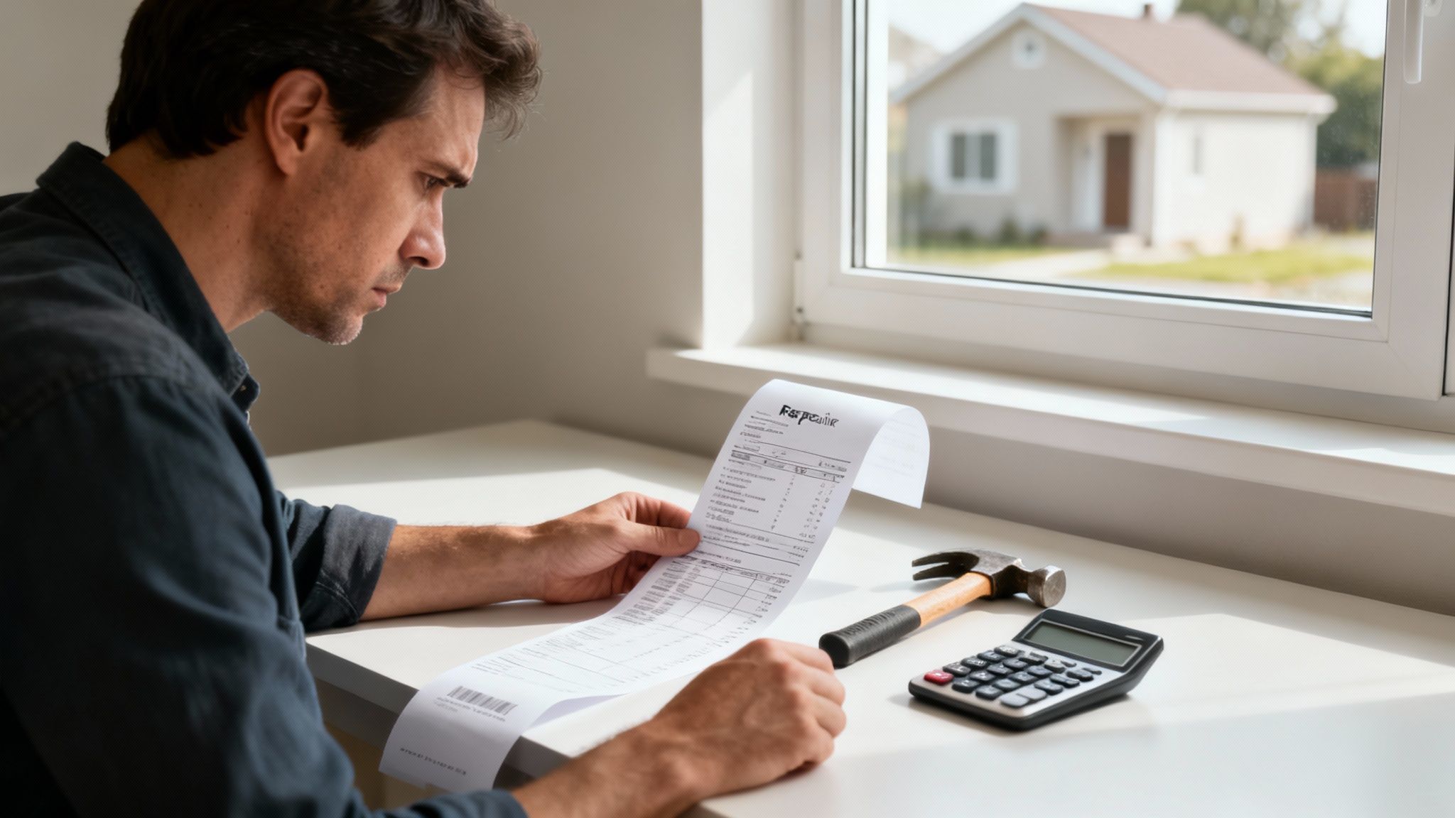 A man studies a long bill, possibly for home repairs, with a calculator and hammer nearby.