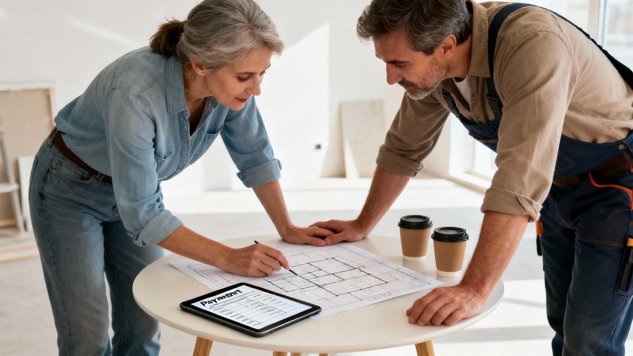 Two people, a homeowner and a contractor, discussing blueprints and payment on a tablet.