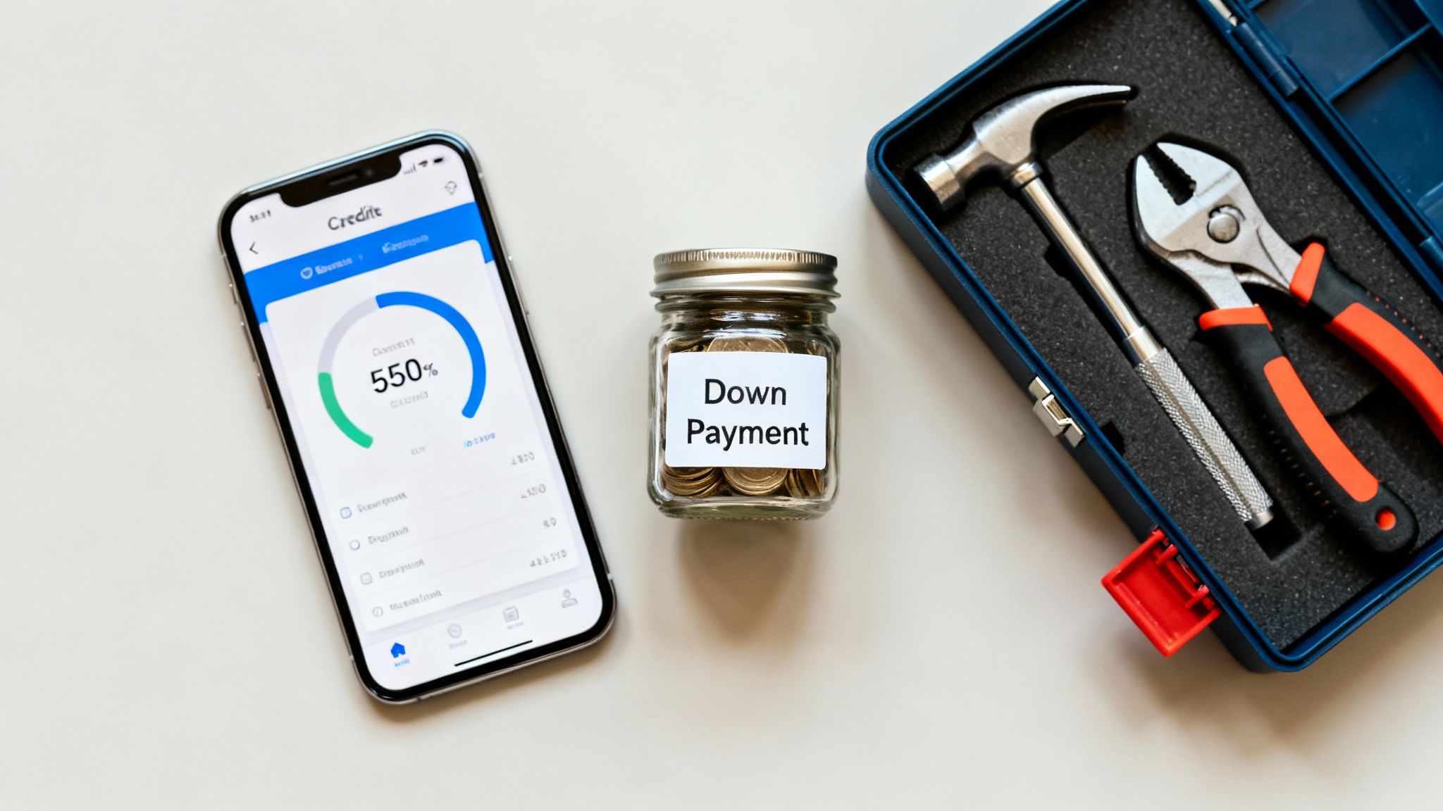 A smartphone showing a credit app, a 'Down Payment' coin jar, and a toolbox with tools.