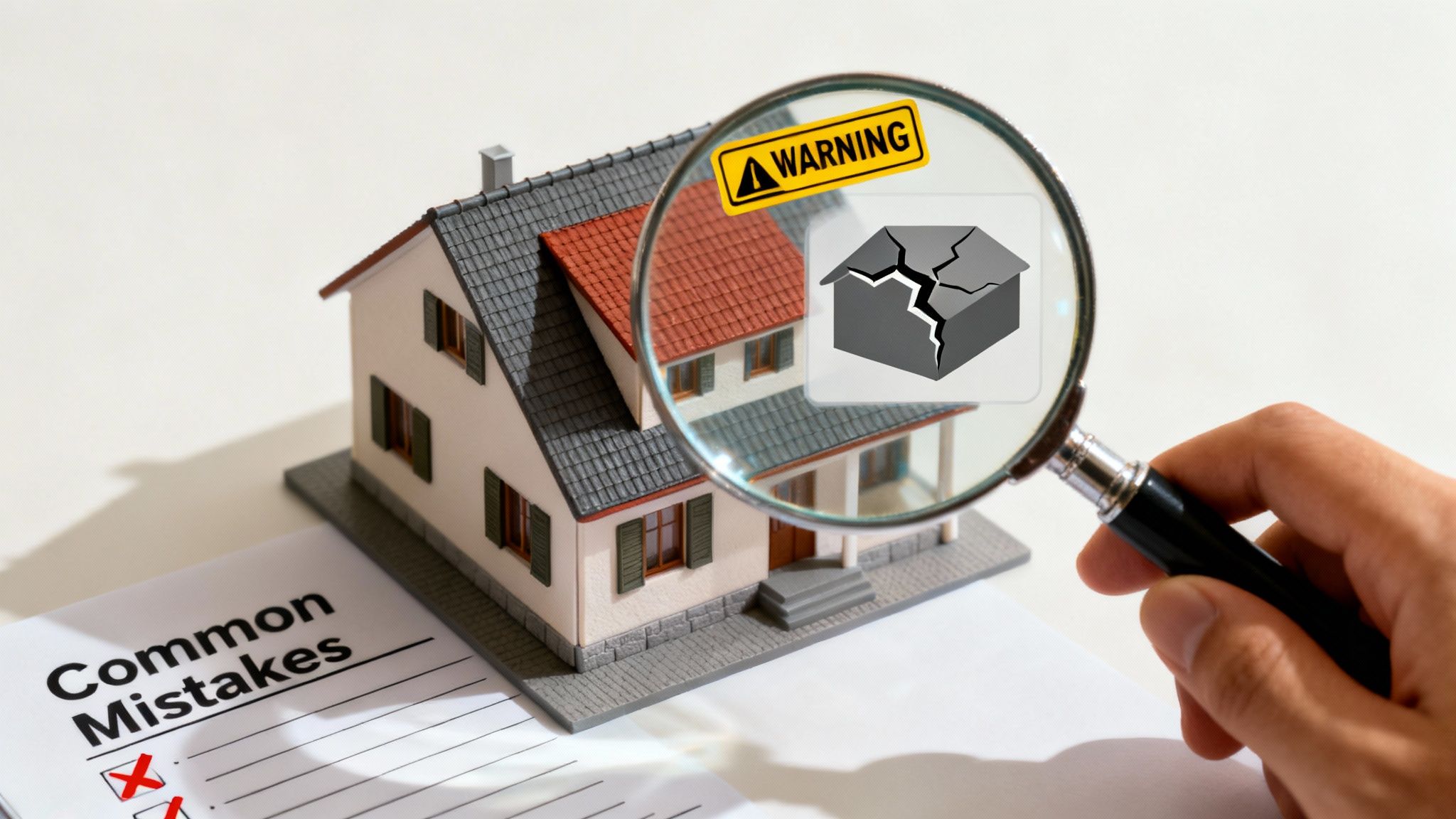 A magnifying glass inspecting a miniature house, revealing a 'Warning' sign and cracked house icon, beside a 'Common Mistakes' document.