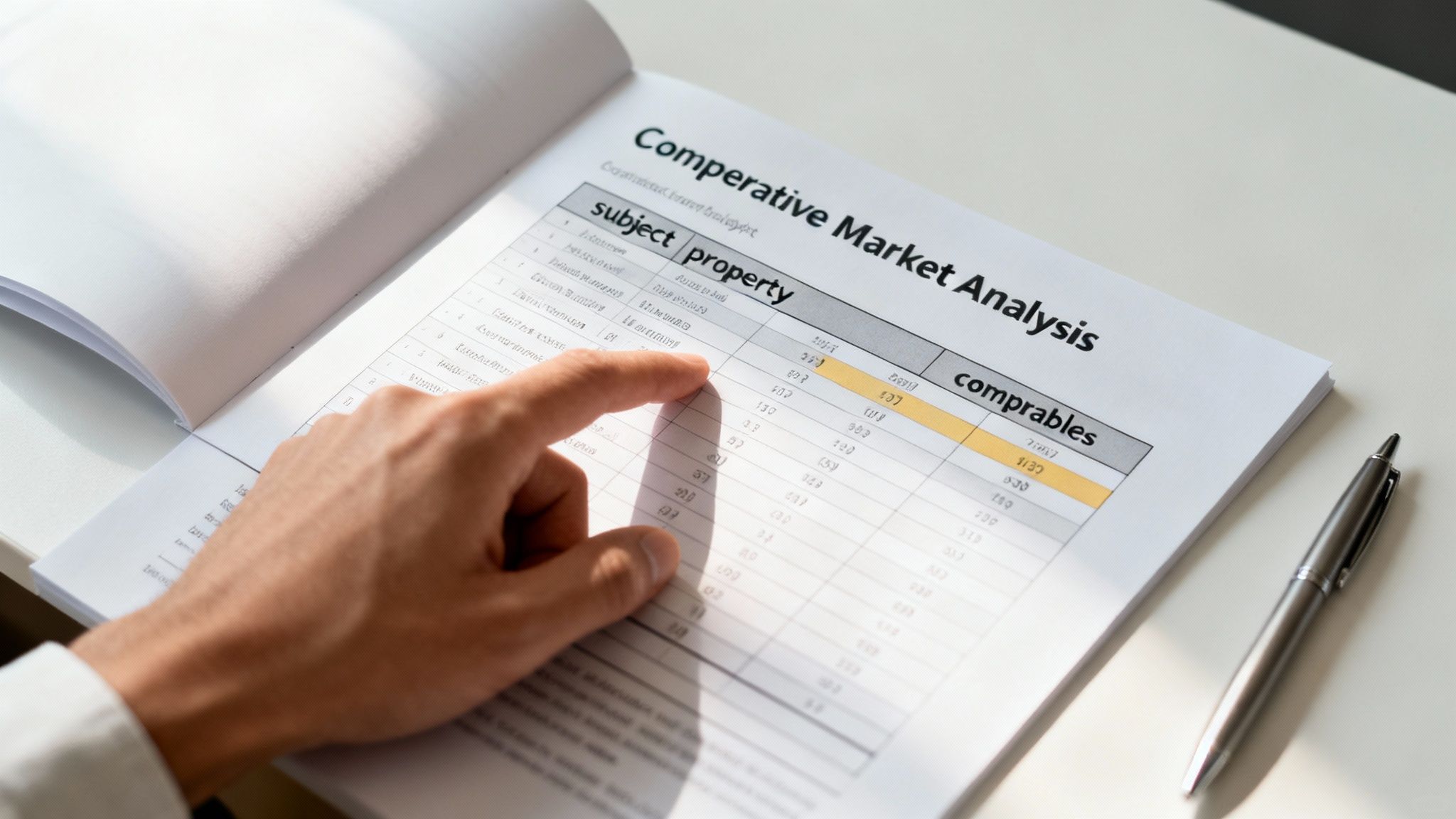 A real estate agent showing a comparative market analysis report to a home buyer.