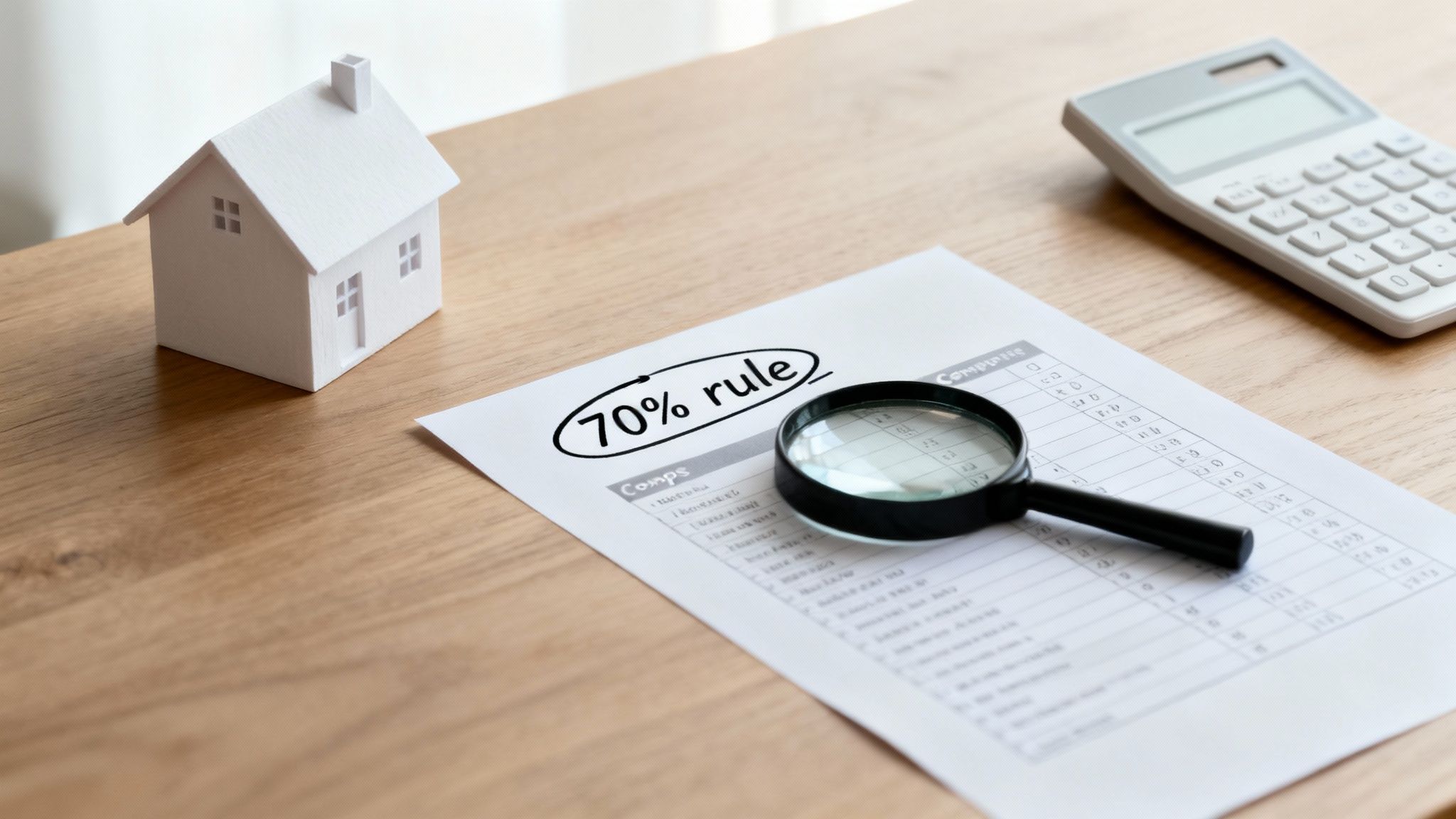 Miniature house, '70% rule' document, magnifying glass, and calculator on a wooden desk, for real estate investment.