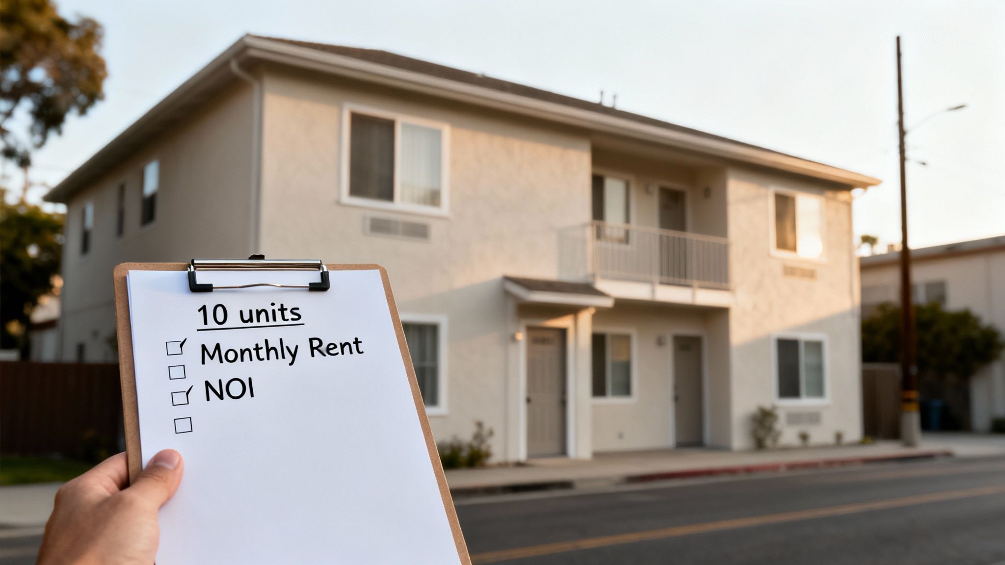 A hand holds a clipboard with a checklist showing '10 units', 'Monthly Rent', and 'NOI' checked, in front of an apartment building.